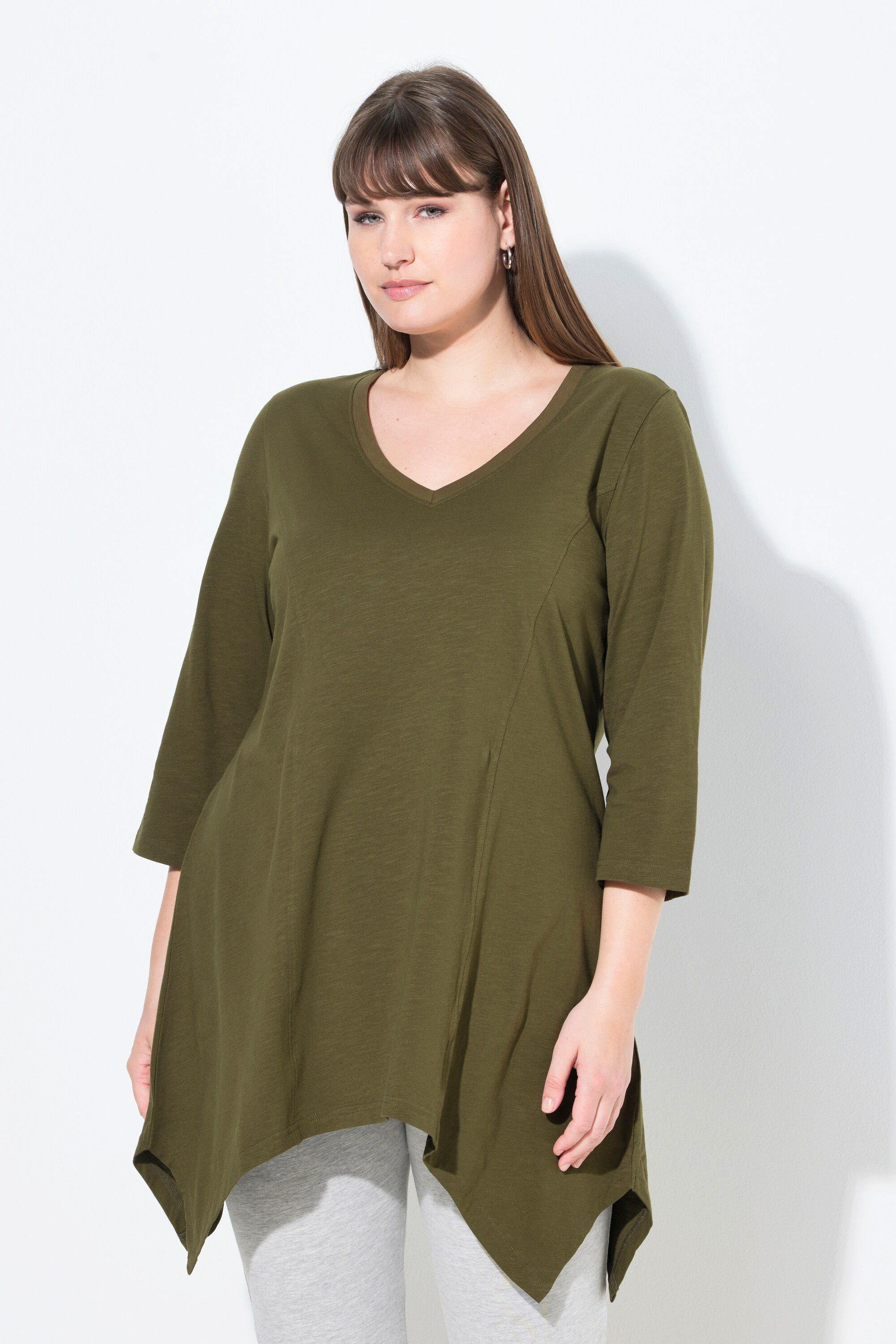 Ulla Popken T-Shirt Shirt Zipfelsaum V-Ausschnitt 3/4-Arm Biobaumwolle günstig online kaufen