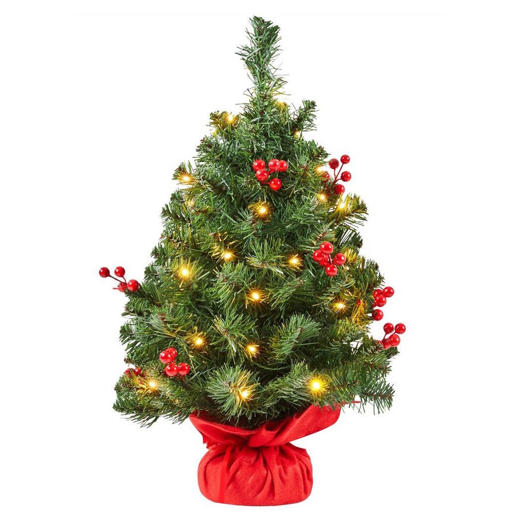 Yaheetech Künstlicher Weihnachtsbaum 60/90 cm (H), Mini Christbaum mit LED Beleuchtung & Roten Beeren