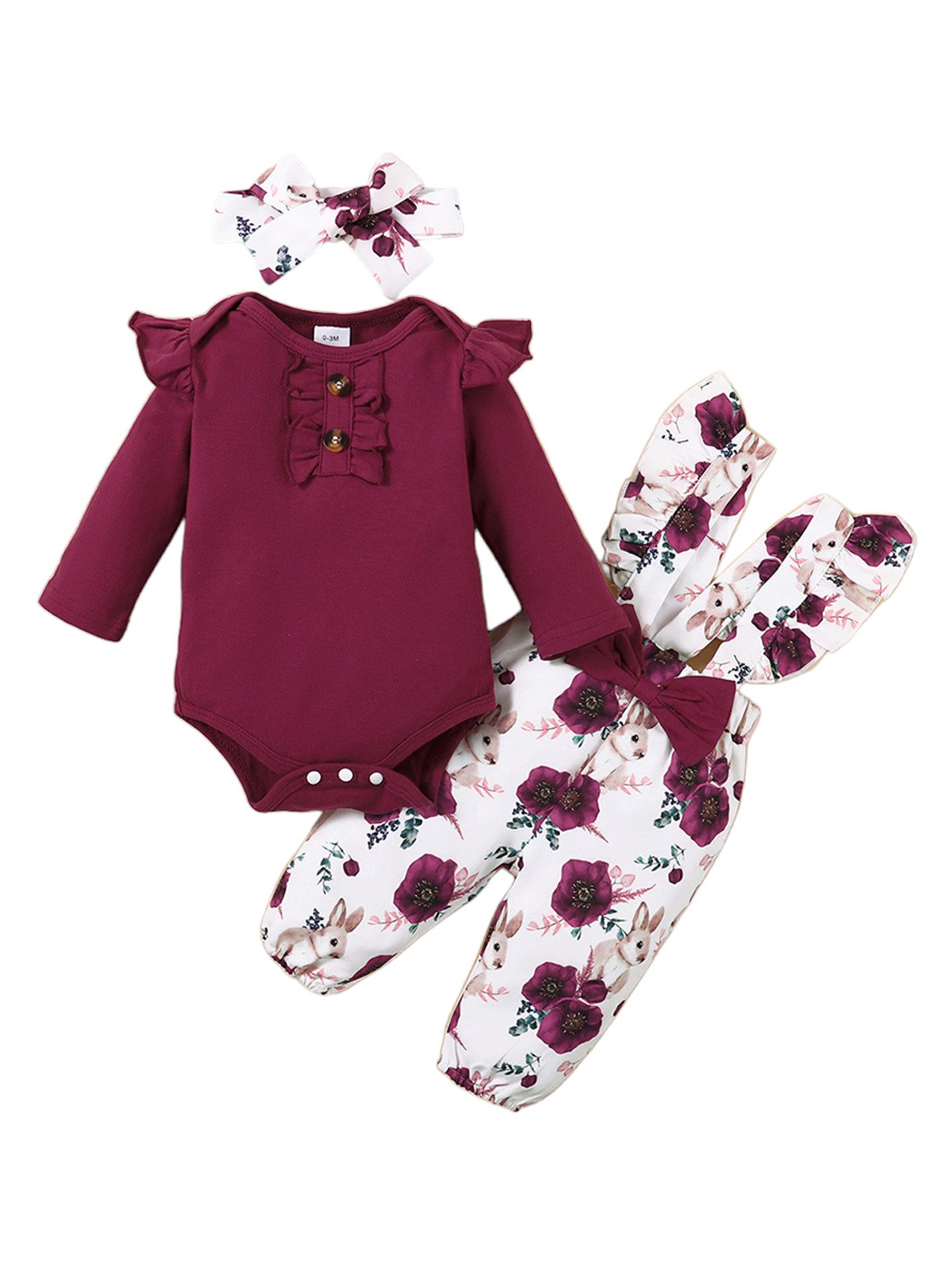 Gluckids Strampler Baby Mädchen Kleidung Set Blumen Langarm Pullover Babykleidung Anzug (3-tlg) Rüschen Langarm Strampler Latzhose Stirnband Sets für täglich Freizeit