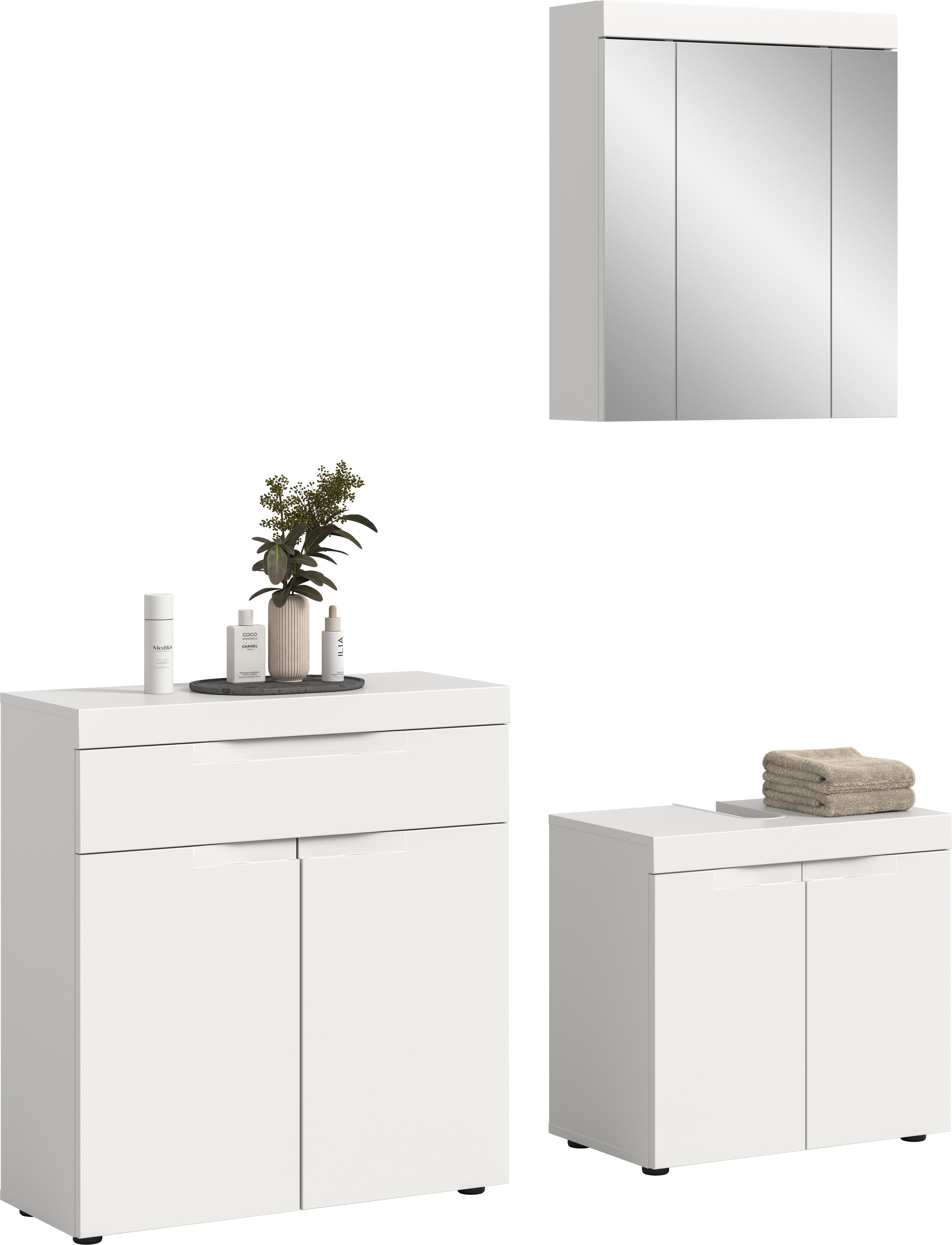 OTTO home Badmöbel-Set MAOI, 3-teilige Badkombination, hochwertige MDF Front, (1x Badkommode, 1x Waschbeckenunterschrank & 1x Spiegelschrank), Bad-Kombination, Bad-Möbel, Badezimmer, Kombination, Kombi