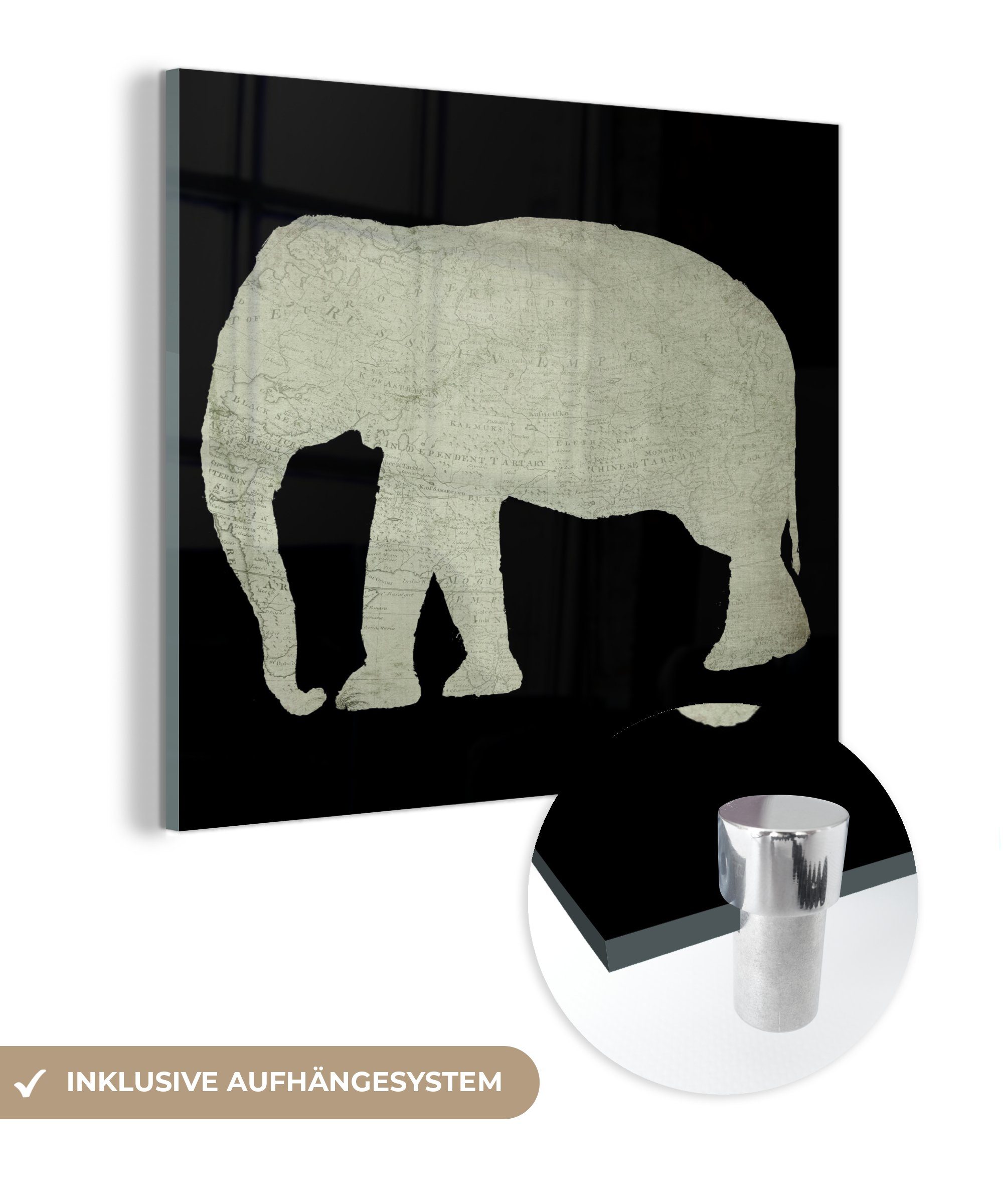 MuchoWow Acrylglasbild Elefant - Karte - Vintage, (1 St), Glasbilder - Bilder auf Glas Wandbild - Foto auf Glas - Wanddekoration