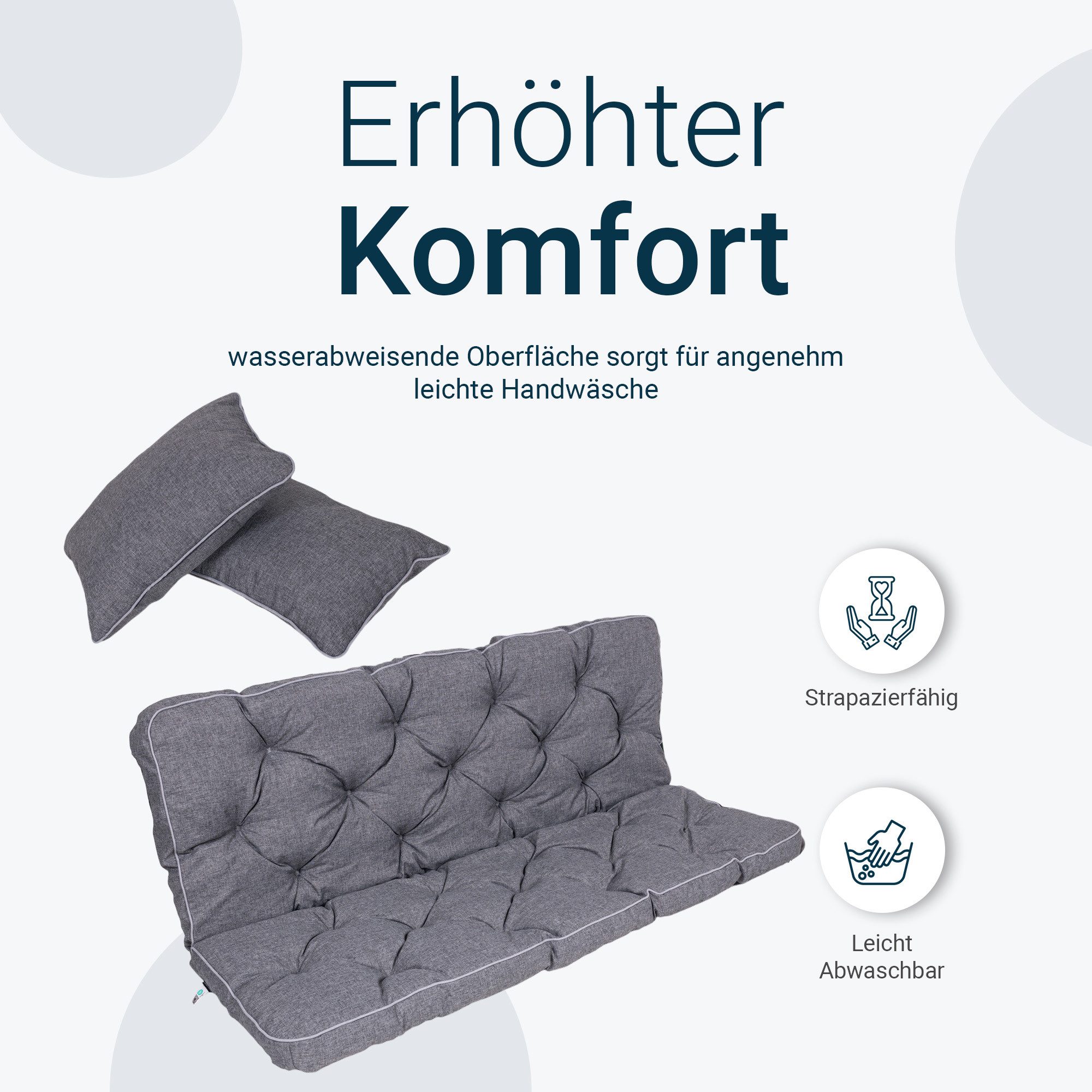 TexDeko Auflagekissen Ecolen Gartenbankauflage für Hollywoodschaukel mit Rückenlehne, (1x Gartenbankauflage für Hollywoodschaukel + 2x Kissen), UV-Beständig
