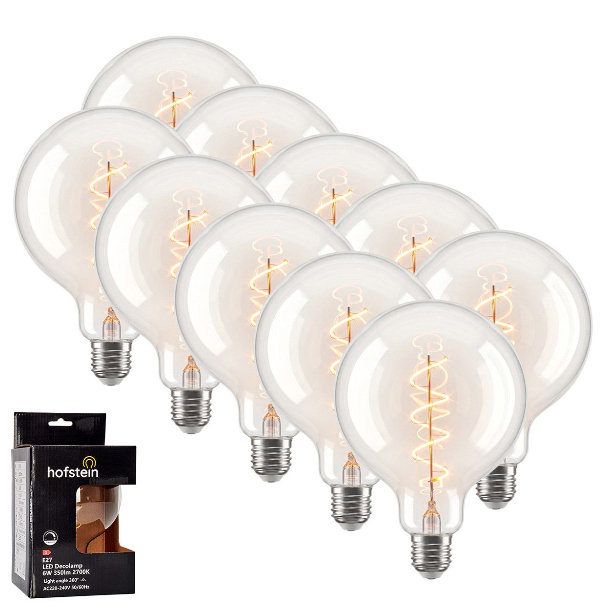 hofstein LED-Leuchtmittel 10er Set Glühbirne Warmweiß dimmbar 6 Watt, E27, 2700 Kelvin, 350 Lumen, Globe Vintage, Filament Spirale, Klar