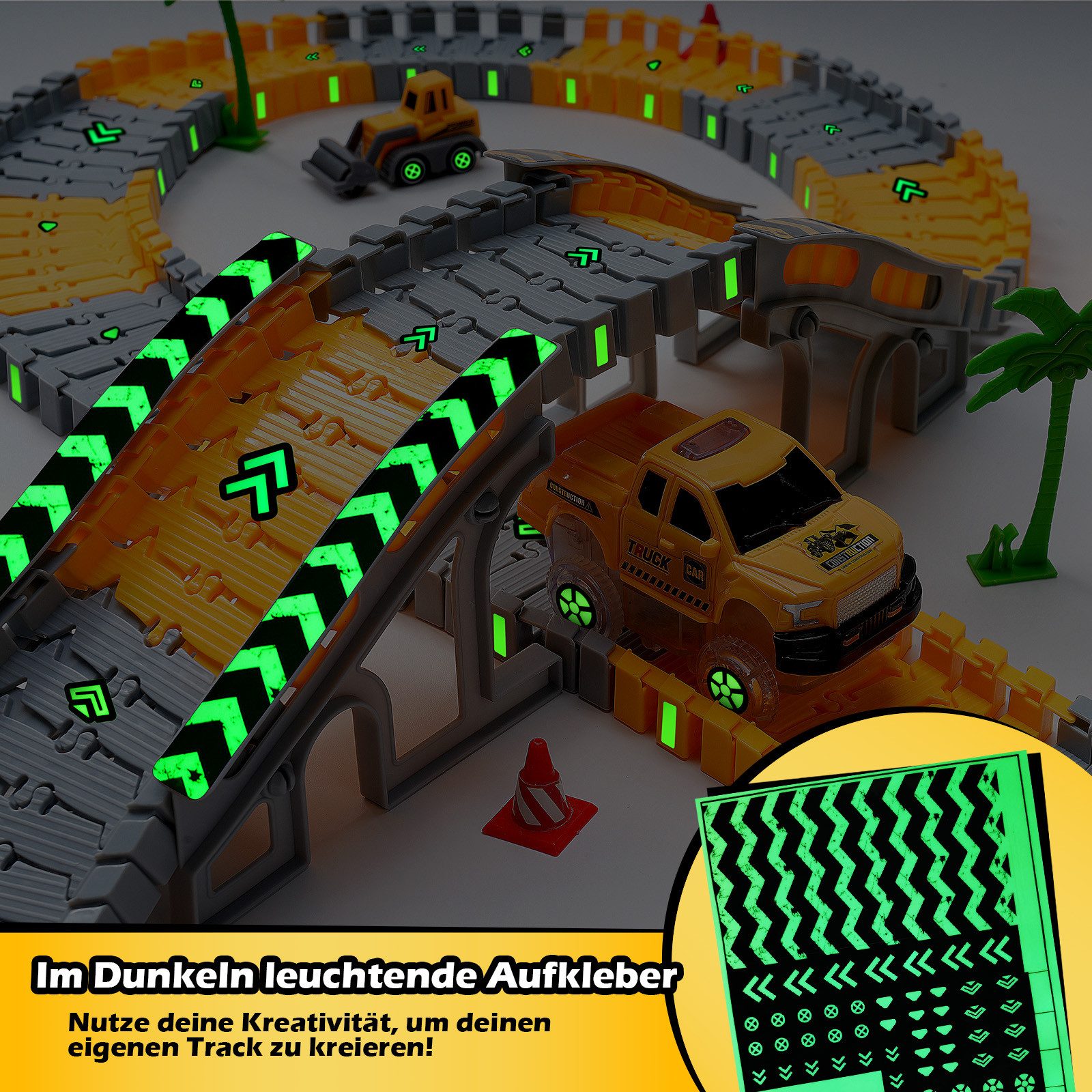 Coroiesty Autorennbahn DIY-Rennbahn Baustellen-Set, Perfektes Geburtstagsgeschenk für Kinder, (Set), Flexible Schienen, 360°-Loop, beleuchteter Rennwagen, Baufa – Bild 2 von 5