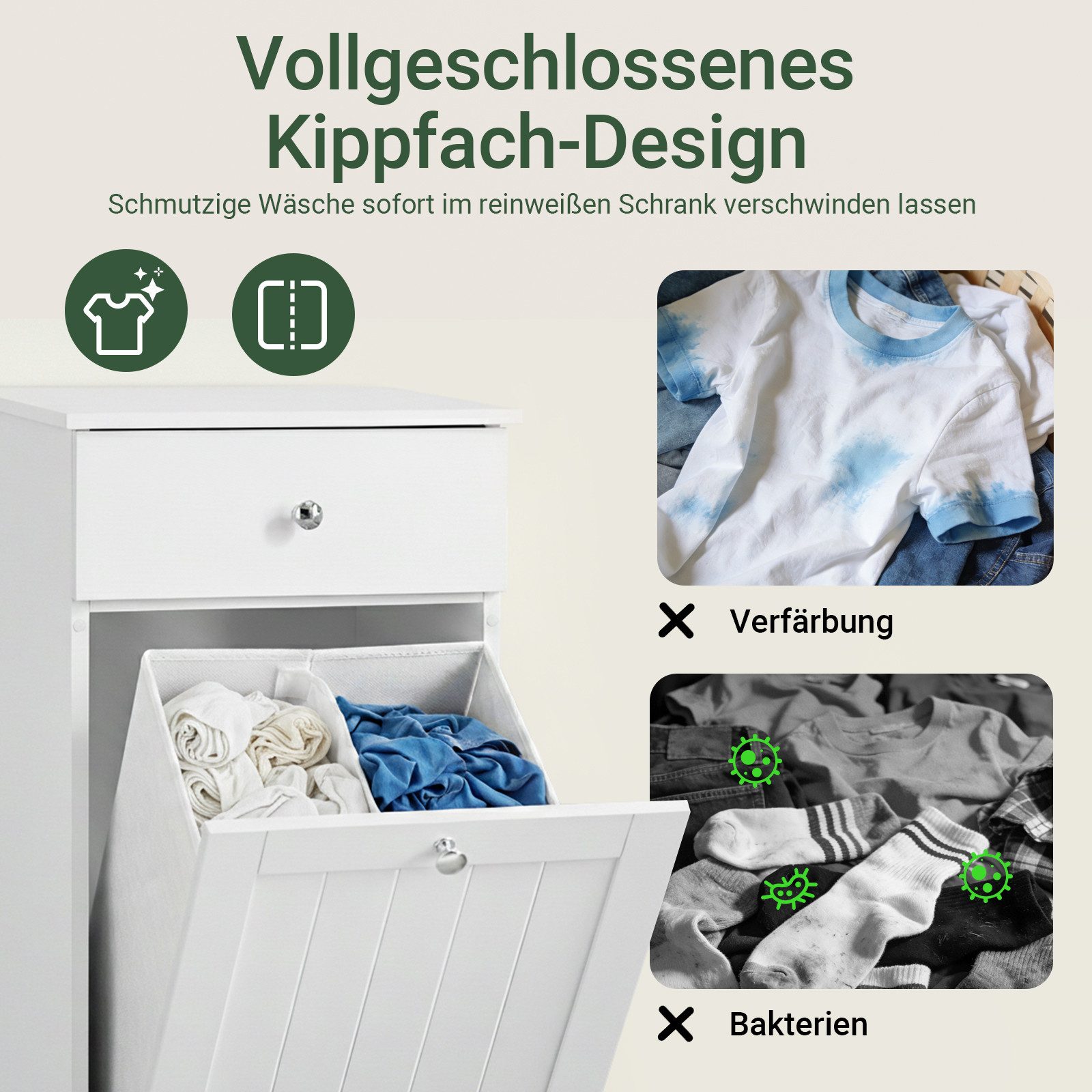 SoBuy Wäscheschrank BZR21, Badschrank mit Wäschekorb, Badkommode, Bad Waschküche Wohnung mit ausklappbarem Wäschetruhe Wäschesammler mit Schubladen Wäschekorb – Bild 4 von 5