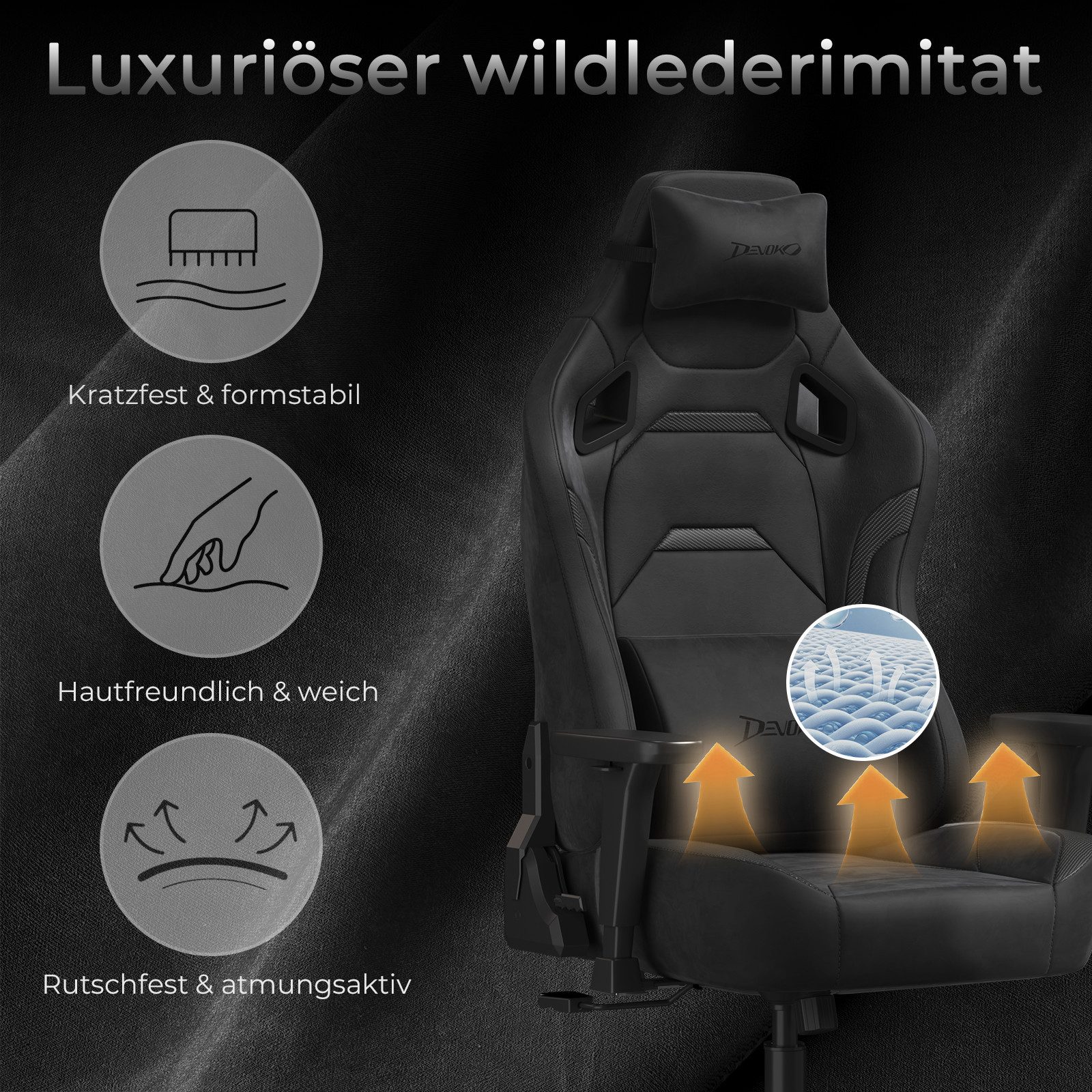 Devoko Gaming-Stuhl Luxuriöser Wildlederimitat,Ergonomisch & Großzügigem Sitz,Bürostuhl, Verstellbare Rückenlehne 90°–135°,3D-verstellbare Armlehnen
