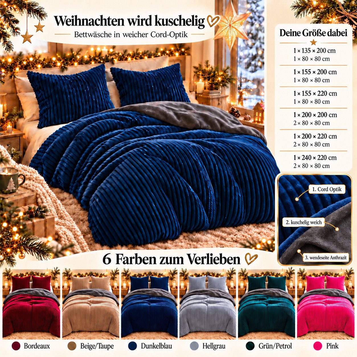 Leonado Vicenti Bettwäsche CORD Optik, Teddy Plüsch, Cashmere Touch, Fleece, 3 teilig, Winter, Wendeseite Anthrazit, flauschig, warm, Nicky-Plüsch – Bild 2 von 5