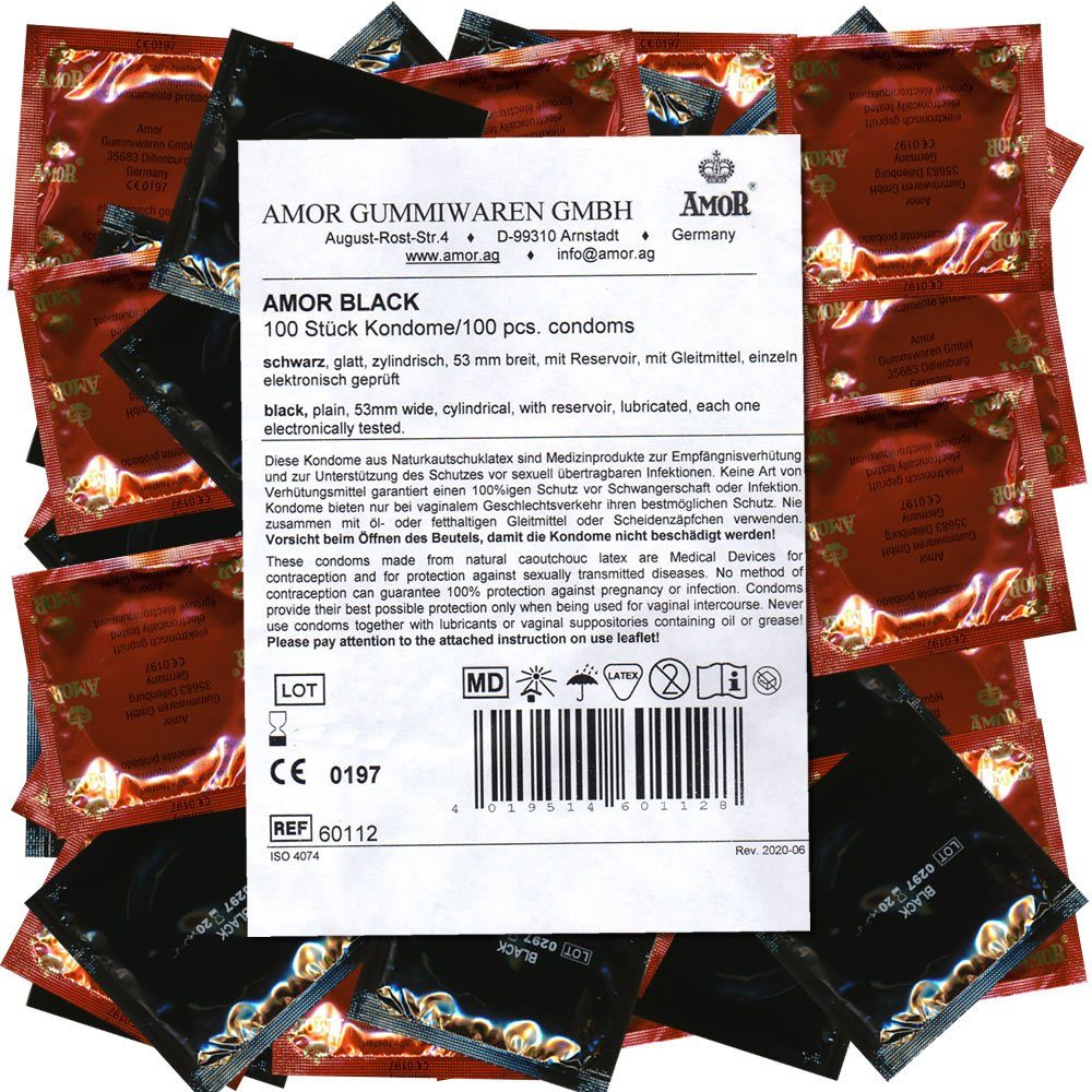 Amor Kondome Black (schwarz, ohne Geruch) Packung mit, 100 St., schwarze Kondome ohne Aroma, Maxipack, Beutelware