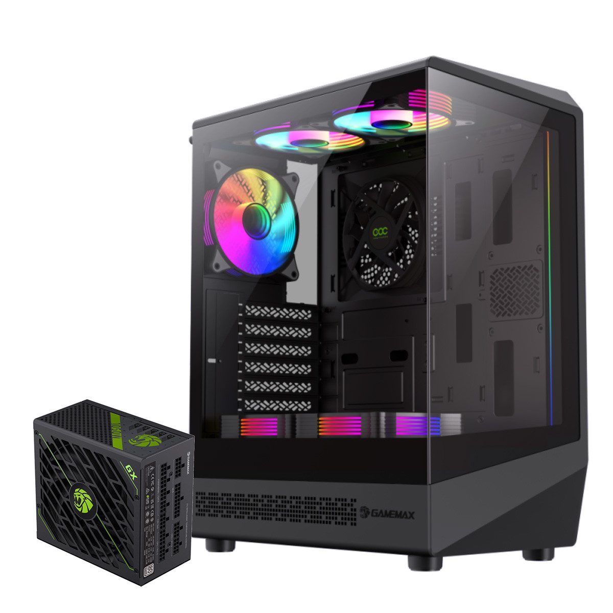 GAMEMAX Gaming-Gehäuse GAMEMAX SET VISTA COC AB Midi-Tower, 1x USB3.0, 1x USB2.0, 1x USB-C, GX-1050 PRO BK Netzteil 80+ Platinum