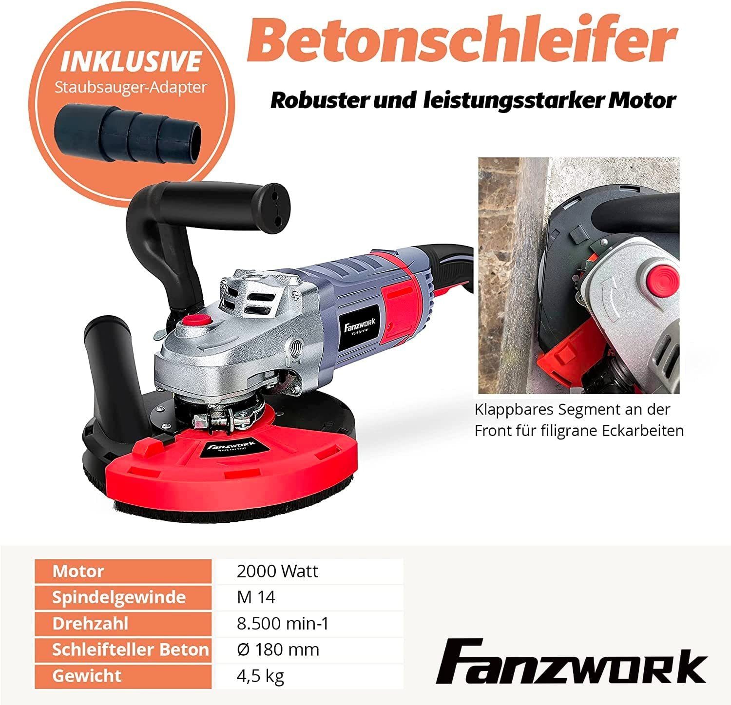 Fanzwork Winkelschleifer Betonschleifer Betonfräse 2000W Set mit 180mm Diamantschleiftopf, Ideal für Beton, Estrich und Fliesenkleber Schleifen