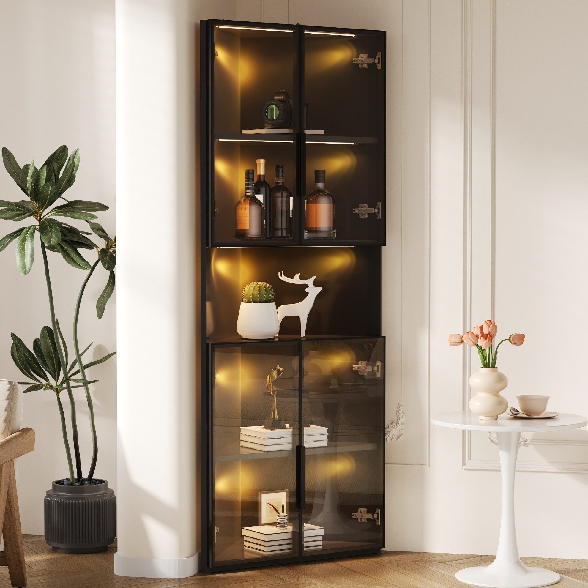 OKWISH Vitrine LED-Eckschrank mit Glasfront & Soft-Close (Packung, 1-St., Integrierte Lichtleiste & gehärtetes Glas, mit 4 Türen) Eckvitrine für Sammlungen, Bücher, Wein, Bad, 62×160×32 cm, Schwarz