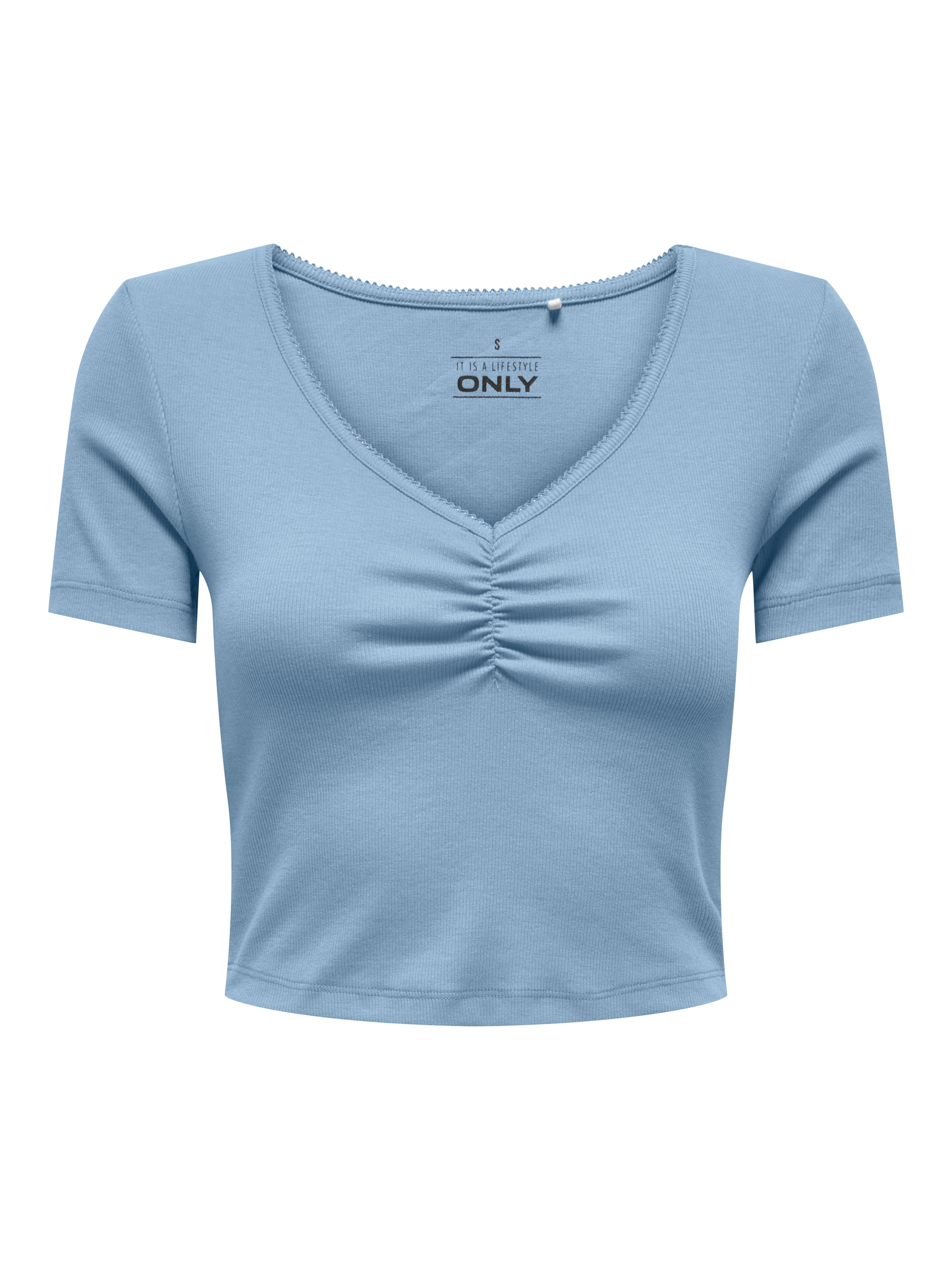 ONLY Kurzarmshirt ONLBETTY LIFE S/S SCALLOP V-NECK CC JRS mit Raffung am Au günstig online kaufen