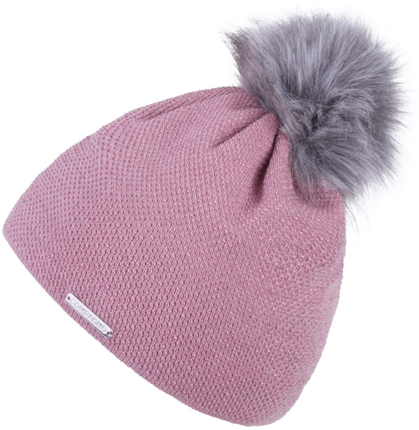 Damen Mütze Strickmütze Metallic-Garn rosa Beanie Bommelmütze Wintermütze (1-St) compagno