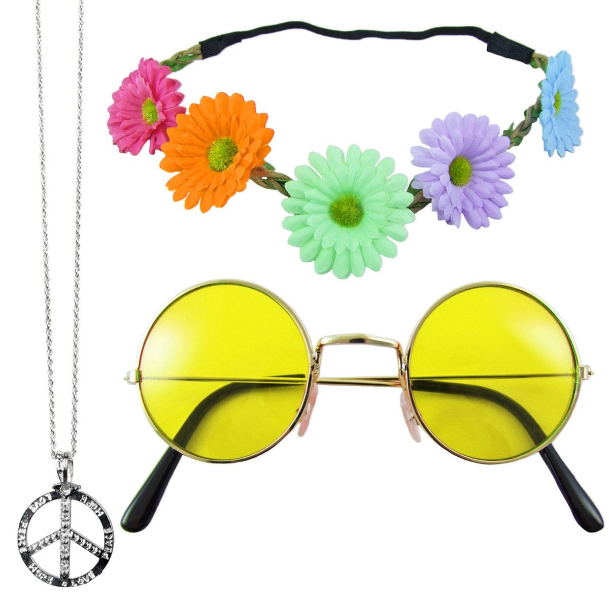 Verkleidungsmaske Hippie Set 3-tlg. - Margeriten Haarband, Peace Ket