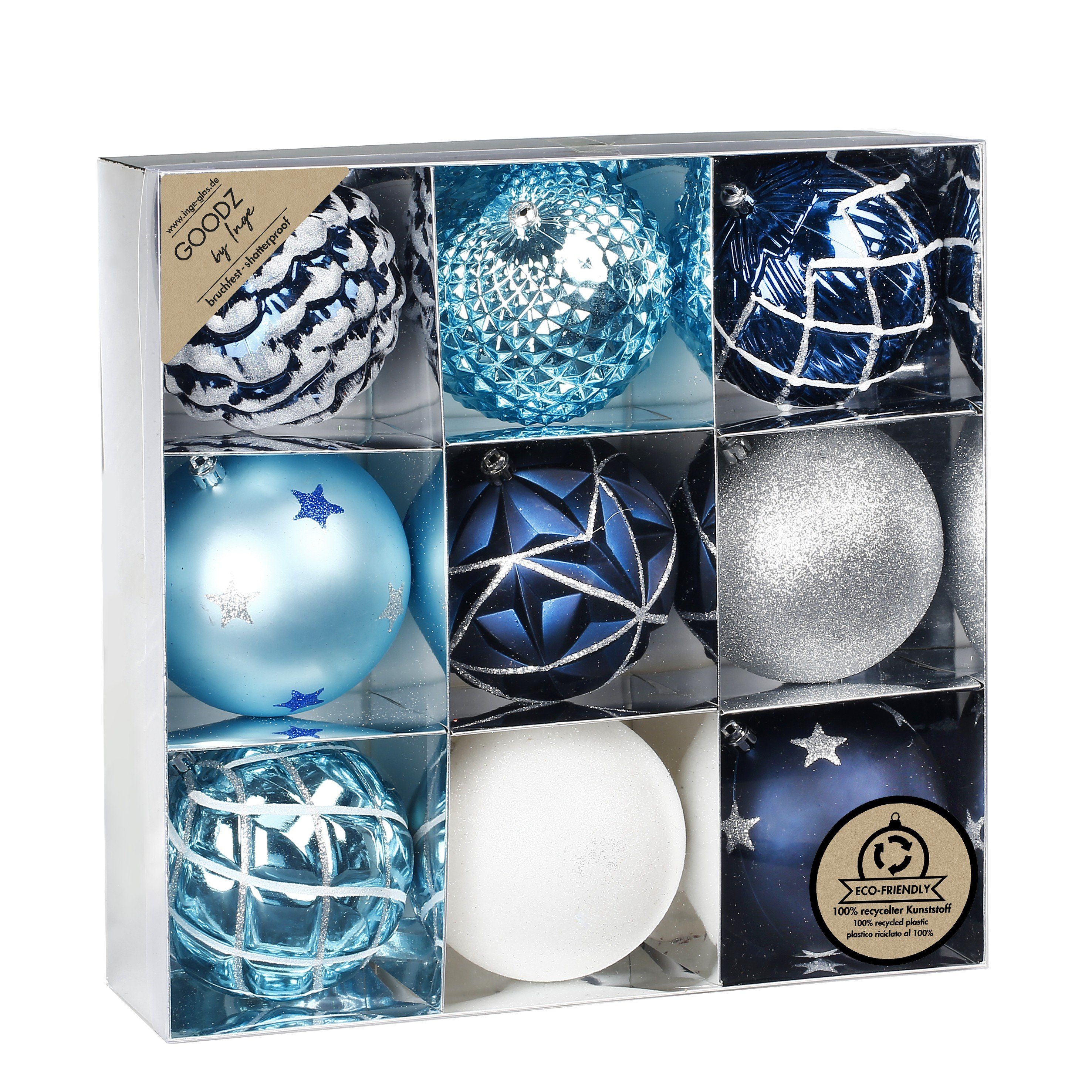 MAGIC by Inge Christbaumschmuck, Weihnachtskugeln Kunststoff 10cm Muster /  Glitzer 9er Set - Blau Mix