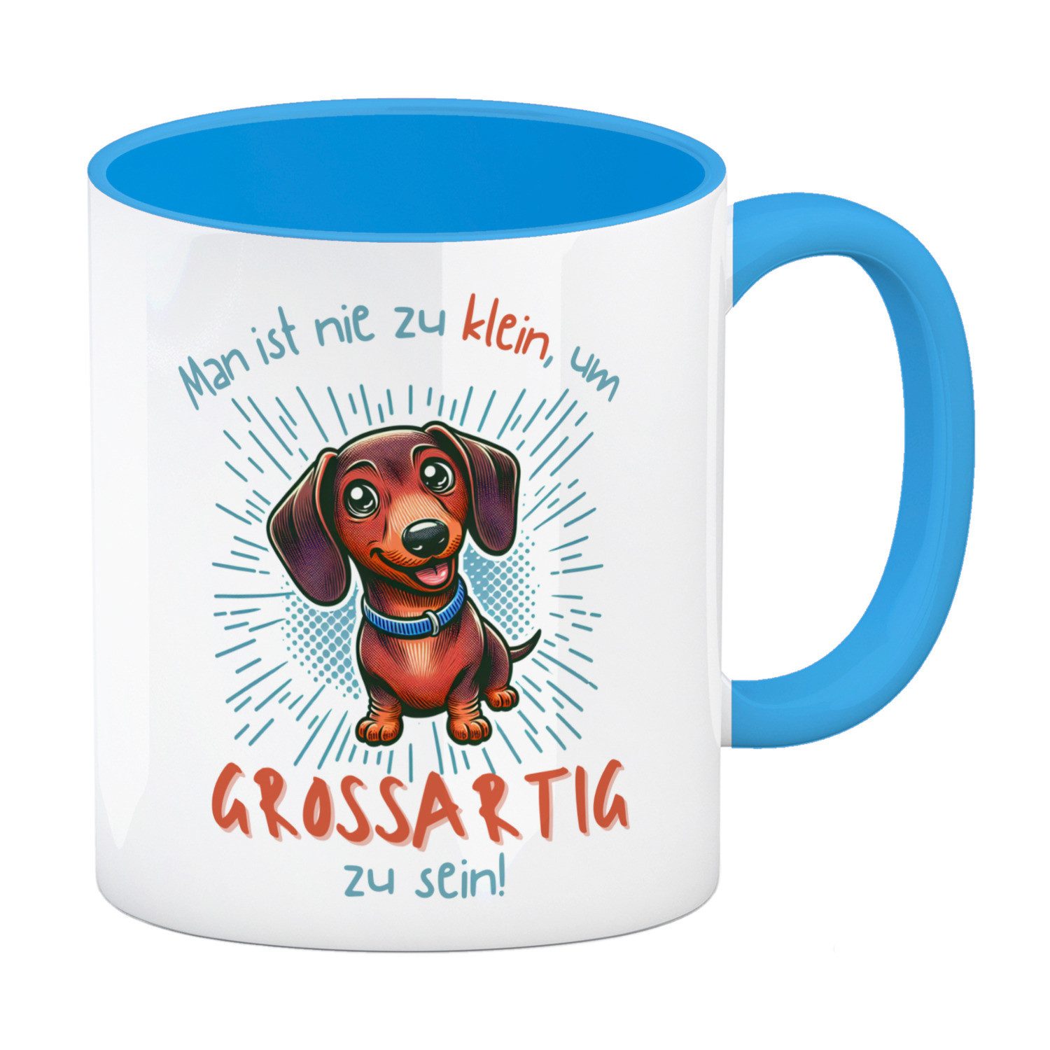Tasse Dackel Kaffeebecher in hellblau mit Spruch Nie zu klein für