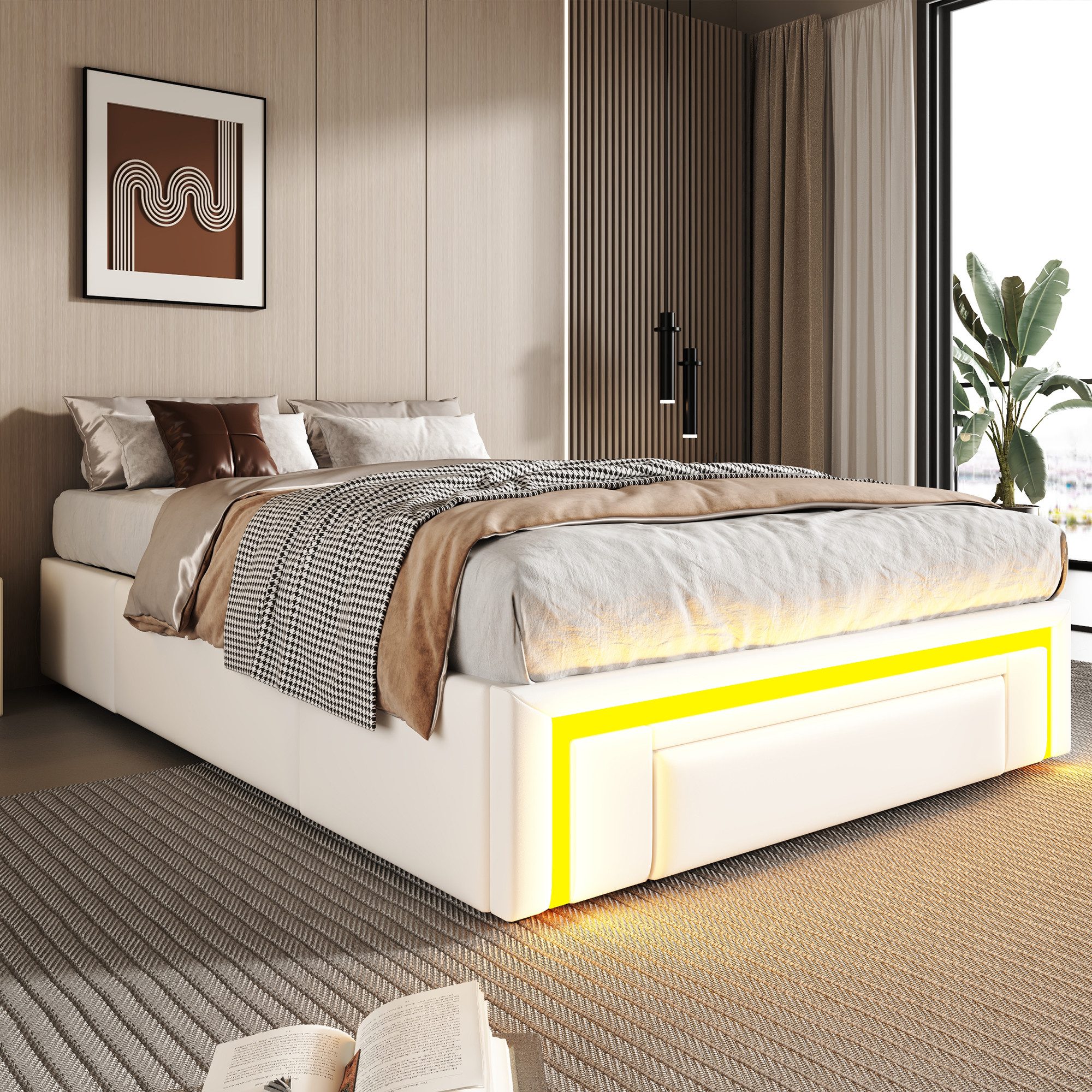 Odikalo Bettgestell Kinderbett Einzelbett 90x200 mit LED (mit Schubladen PU-Leder Bett ohne Kopfteil Mit Lichtleiste MetalllattenPlattformbett für moderne Schlafzimmer Weiß)