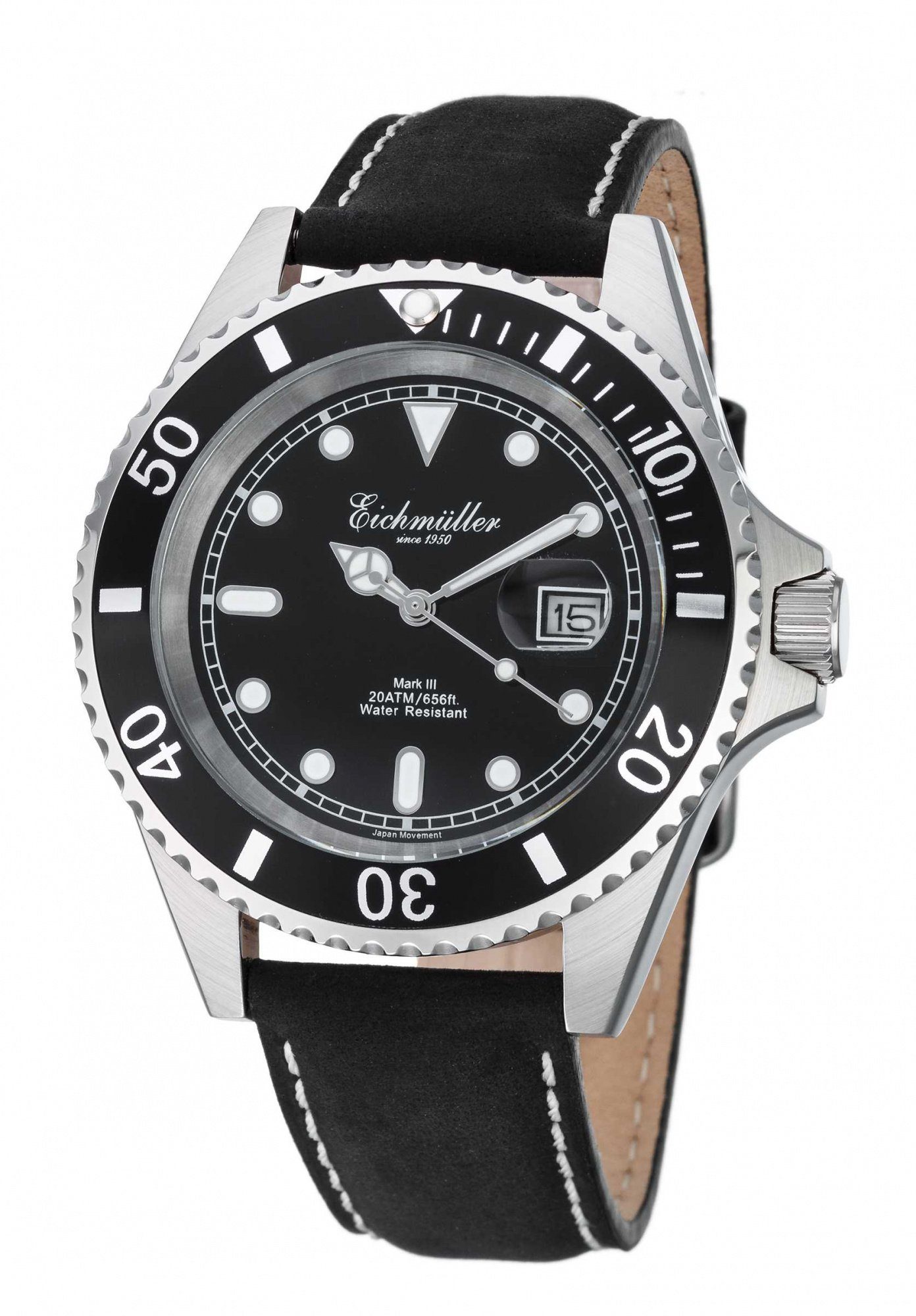 Eichmüller Taucheruhr Herrenuhr Schwarz Lederband 20 ATM 43 mm 3462-01, Sportliches Design