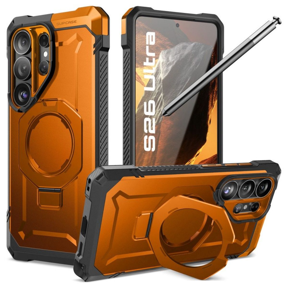 Supcase Handyhülle UB Grip Mag mit Magnetring für Samsung Galaxy S26 Ultra Orange Schwarz 6,9 Zoll, Der Ring dient als Ständer und Fingersicherung zugleich