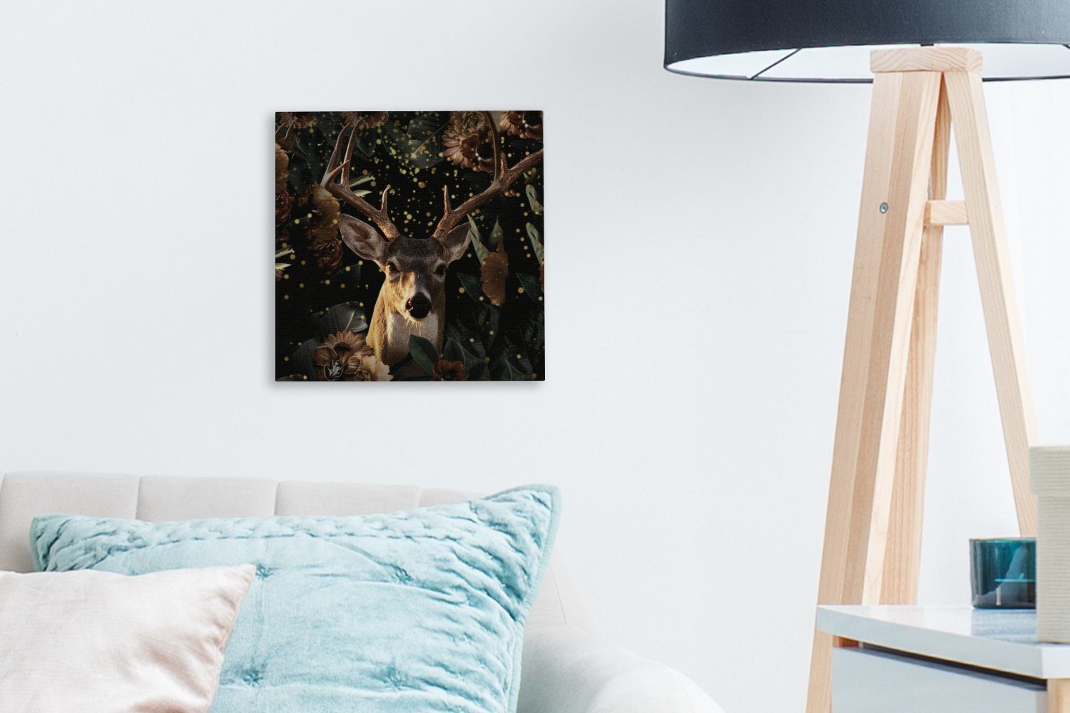 OneMillionCanvasses® Leinwandbild Hirsche - Schlafzimmer - für Wohnzimmer Licht (1 St), Bilder Blumen Botanisch, Leinwand 