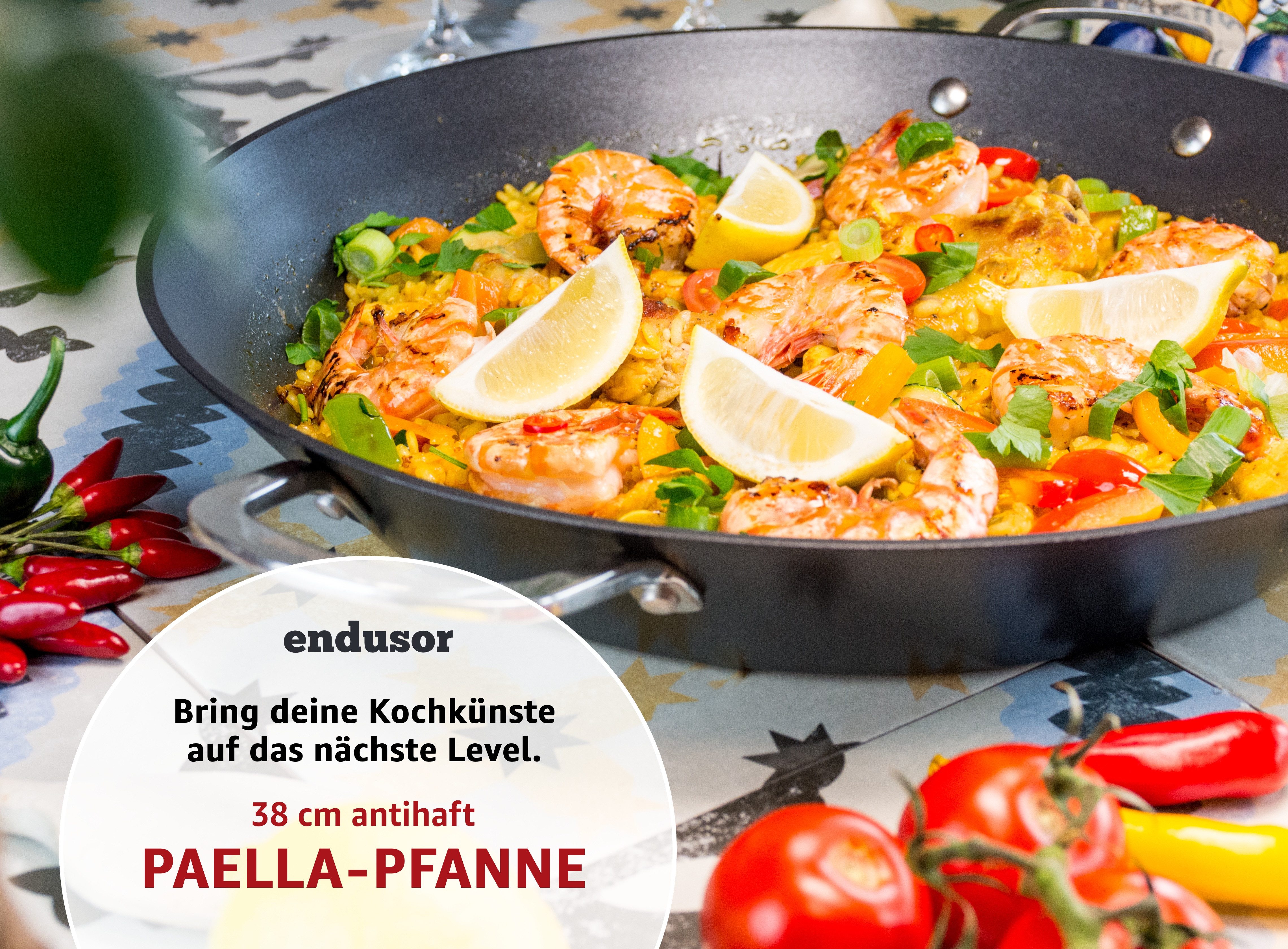 endusor Paellapfanne Paella Pfanne Ø 38 cm für 6-8 Personen, Aluminiumguss (Antihaft-Beschichtung, 5l Fassungsvermögen für 6-8 Portionen), Alle Herdarten + Backofen + Gasgrill, Paellapfanne für Zuhause
