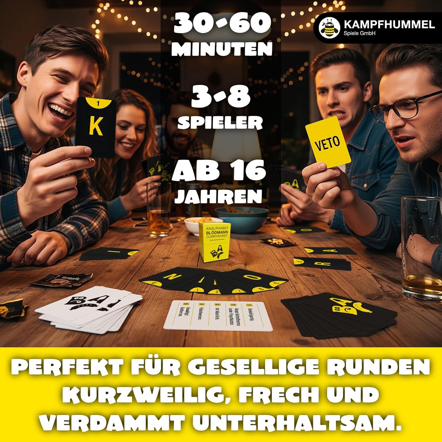 Kampfhummel Spiele Spiel Kampf gegen das Spießertum - Analphabet Blödmann Currywurst, Lustiges Kartenspiel, 3-8 Spieler, Schwarzer Humor