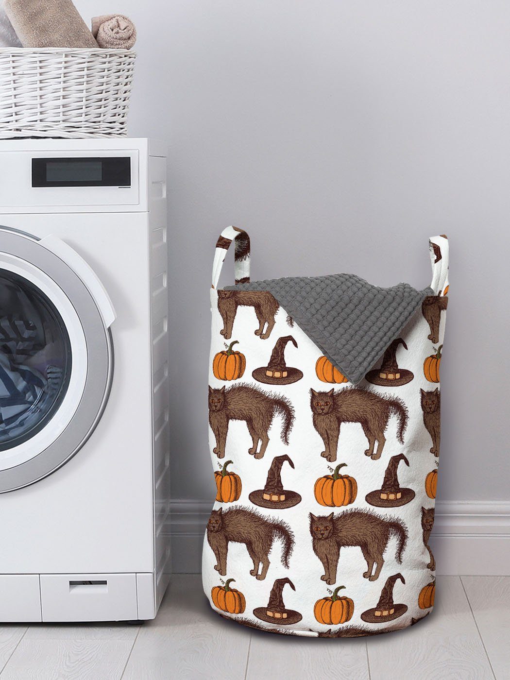 Kürbis-Hexe-Hut-Katze Griffen Halloween Wäschesäckchen mit Wäschekorb Abakuhaus für Waschsalons, Kordelzugverschluss