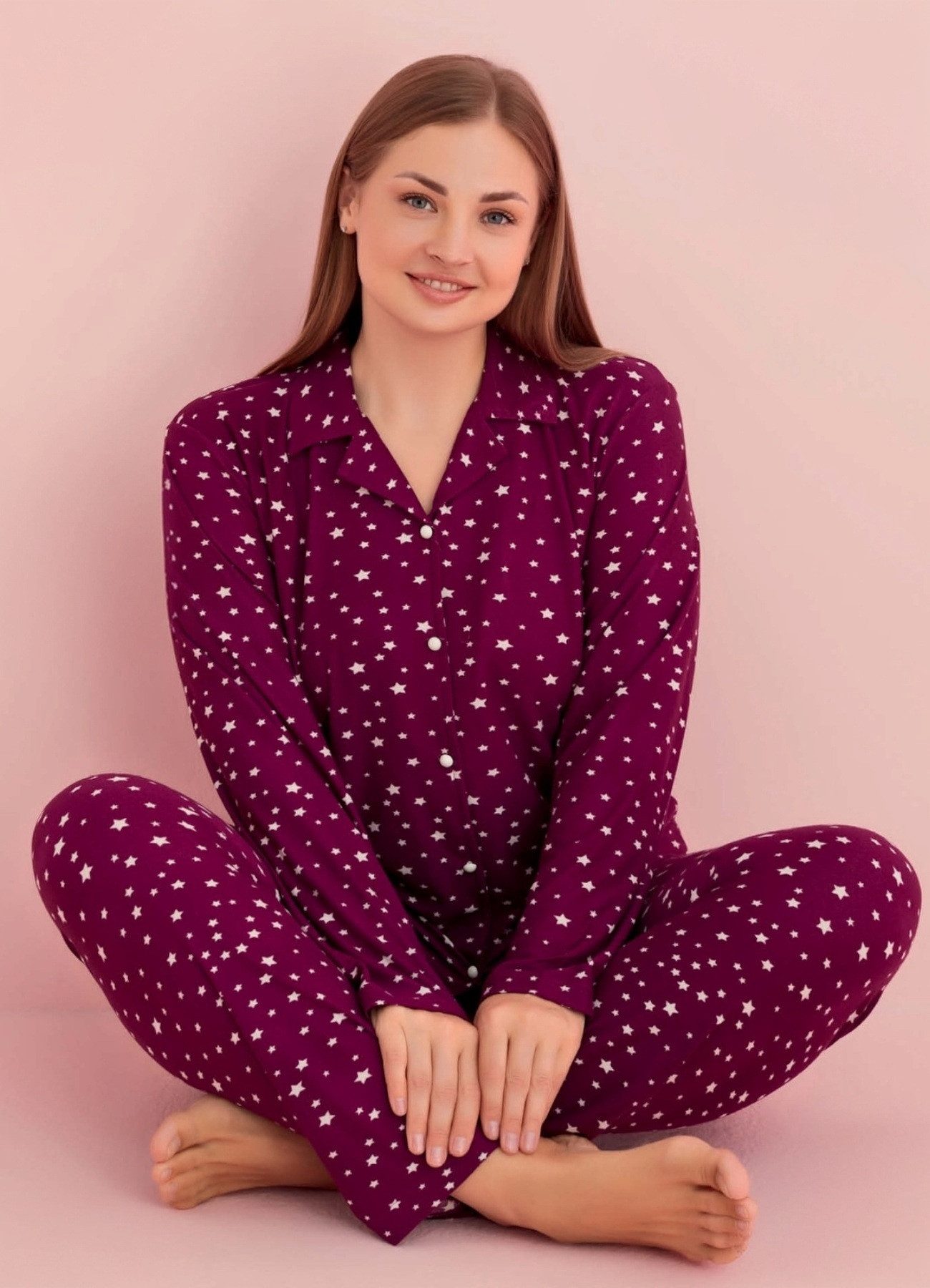 fashionshowcase Pyjama Damen Schlafanzug Set Baumwolle Herzchen, Karo & Sterne in 5 Designs (Zweiteiliges Set (Oberteil und Hose) Drei attraktive Designs zur Auswahl