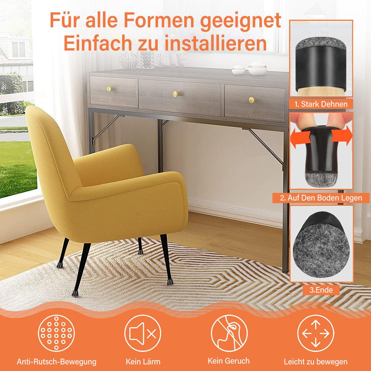 MOPUEA Stuhlsocke Stuhlbeinschoner Stuhlhusse Stuhlbeinkappen mit Filz 24 Stk, (Set, 24 St), Kratzer verhindern und Lärm reduzieren