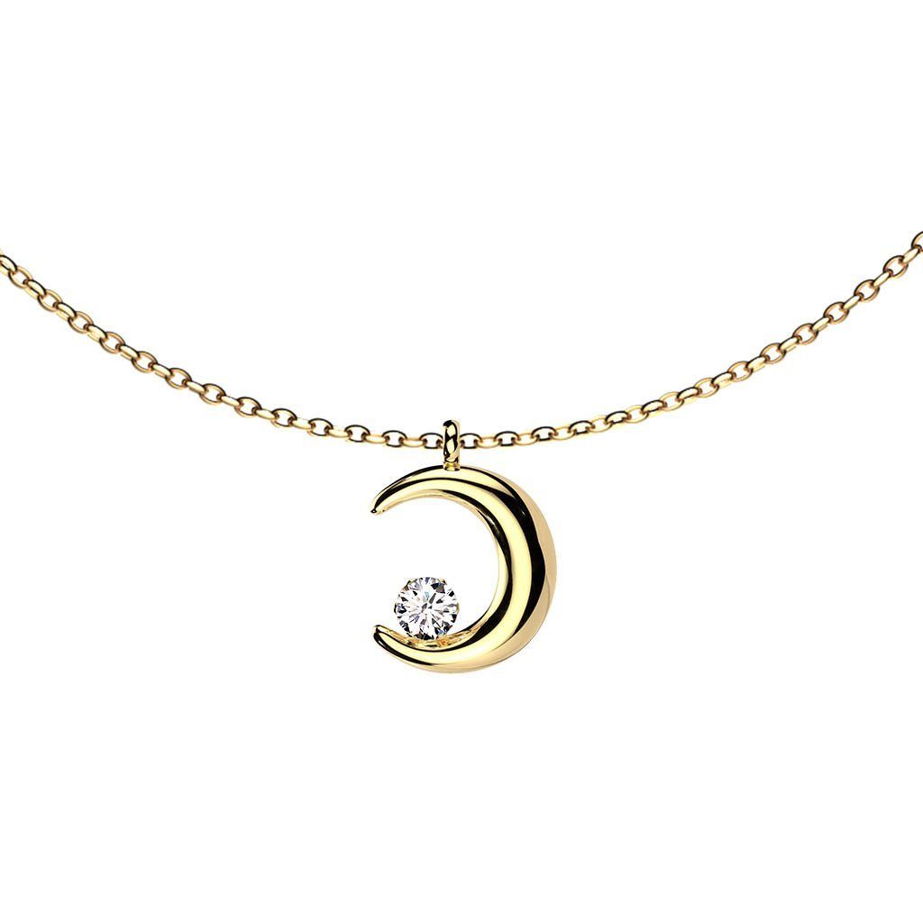 viva-adorno Kette mit Anhänger Edelstahl Damen Kette Halbmond Zirkonia Kristall Mondsichel Collier, Mond Edelstahlkette