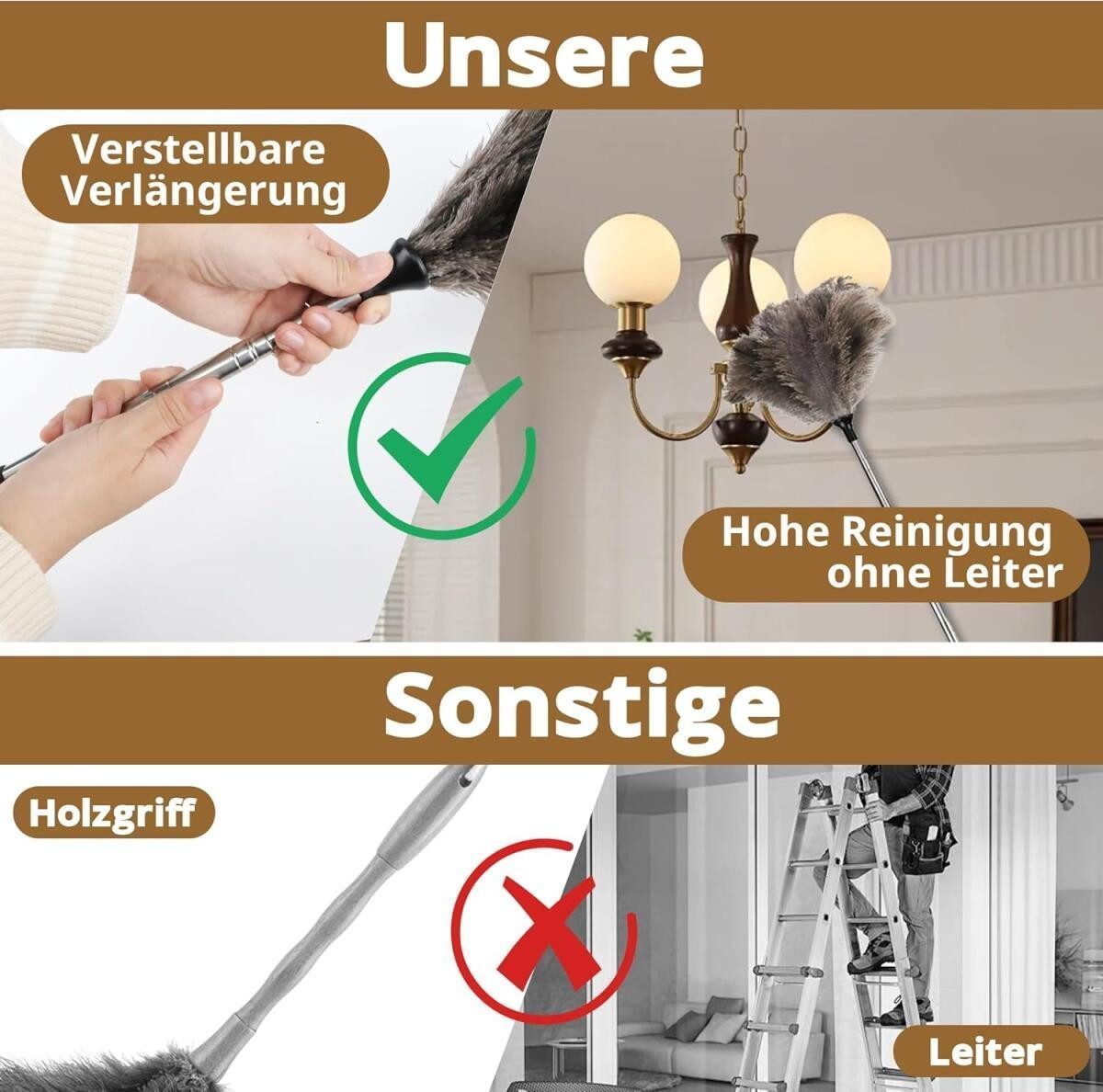 FELIXLEO Staubbesen Teleskop Staubwedel 1,2m Straußenfedern Waschbar Anti-Statik (1-St) – Bild 2 von 3