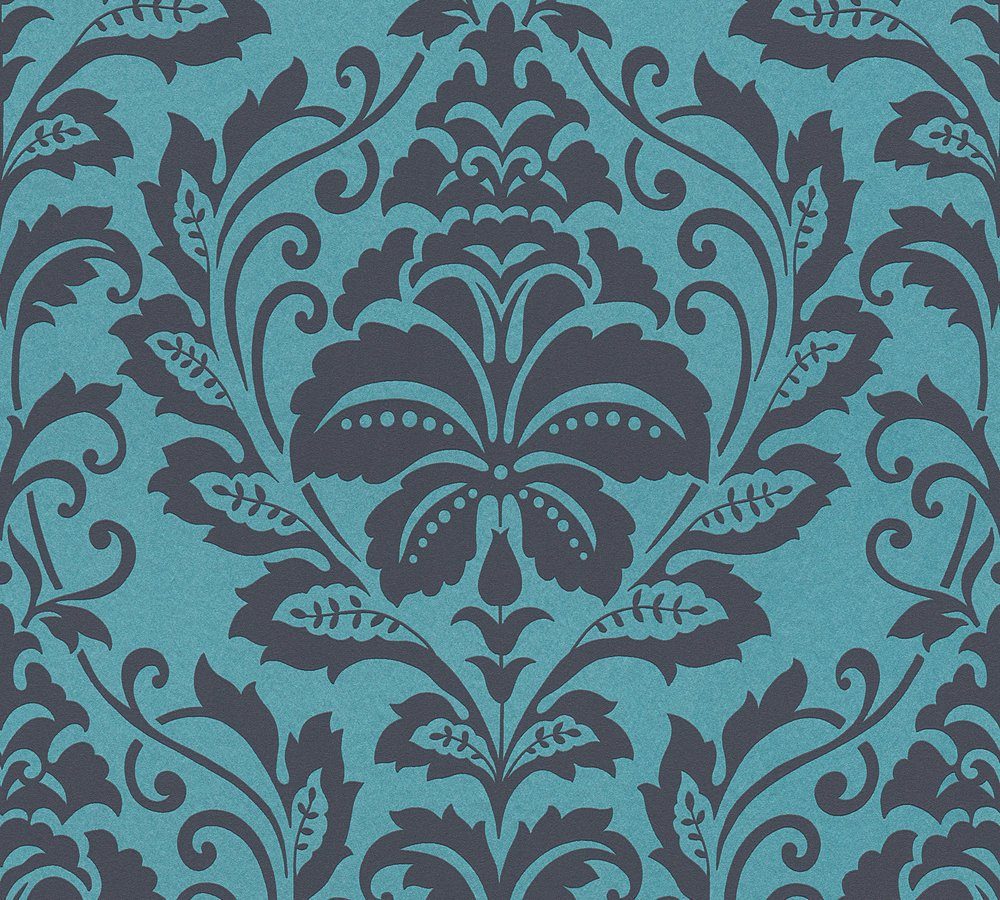 Profhome Vliestapete 369105-GU, glatt, botanisch, glänzend, ornamental, Barock-Style, (1 Rolle, 5,33 qm), Vinyltapete auf Vliesbasis, blau, schwarz, grau