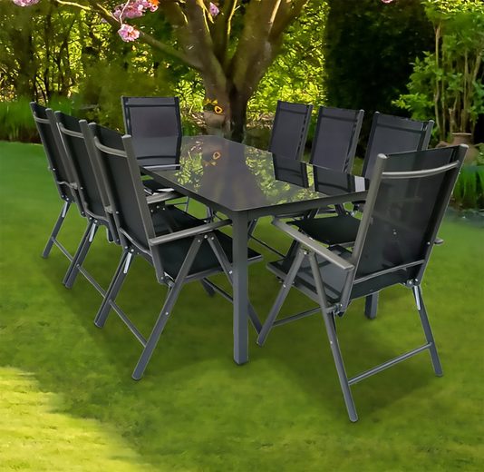 VCM Sitzgruppe »Alu Garten Sitzgruppe 190 x 80 Schwarzglas«, (9tlg