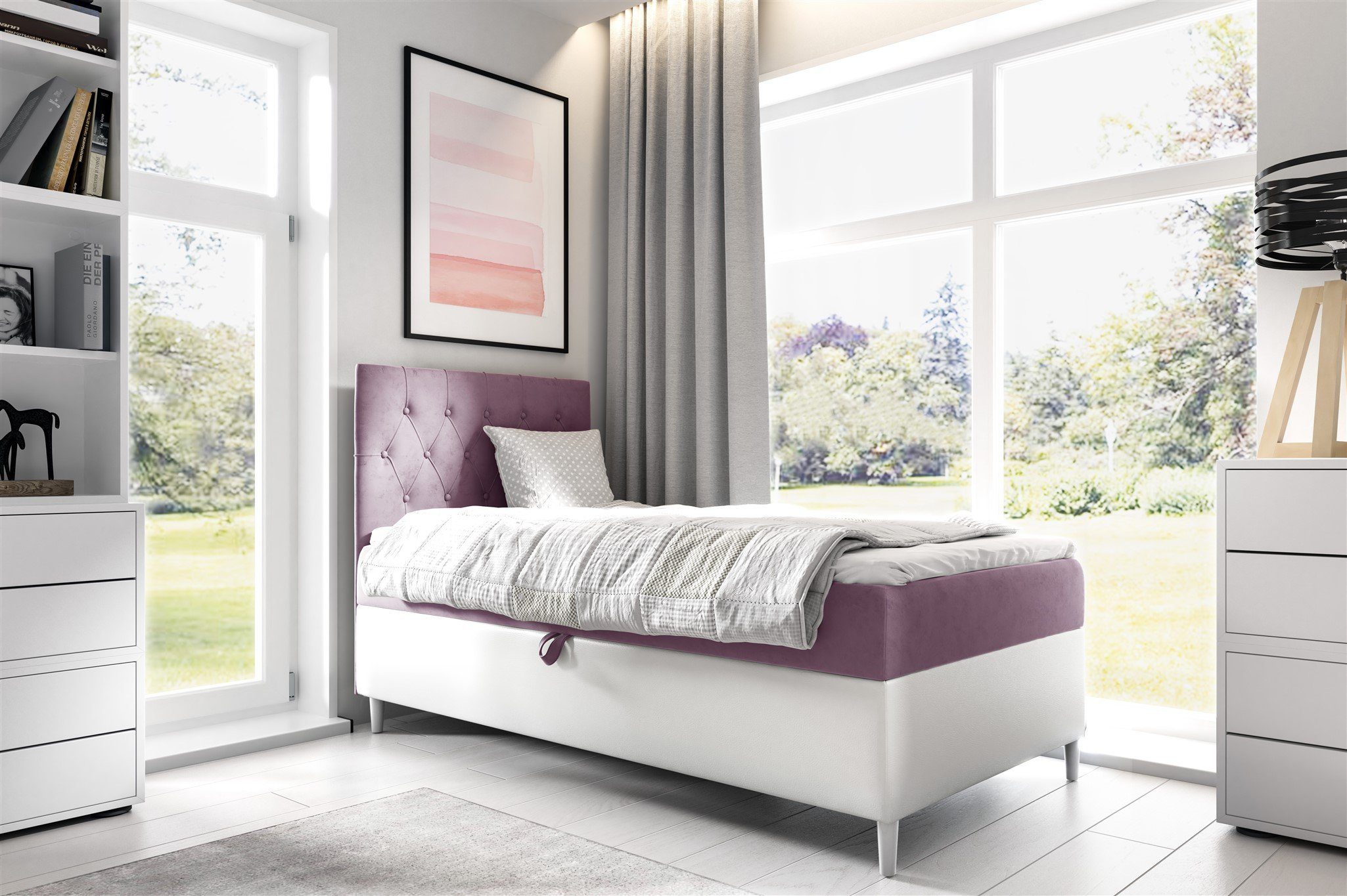 Fun Möbel Boxbett Gästebett Kinderbett FINJA Nr.1 (Holzfüße (Weiß / Höhe. 13 cm), In drei Größen), inkl. Topper und Bettkasten