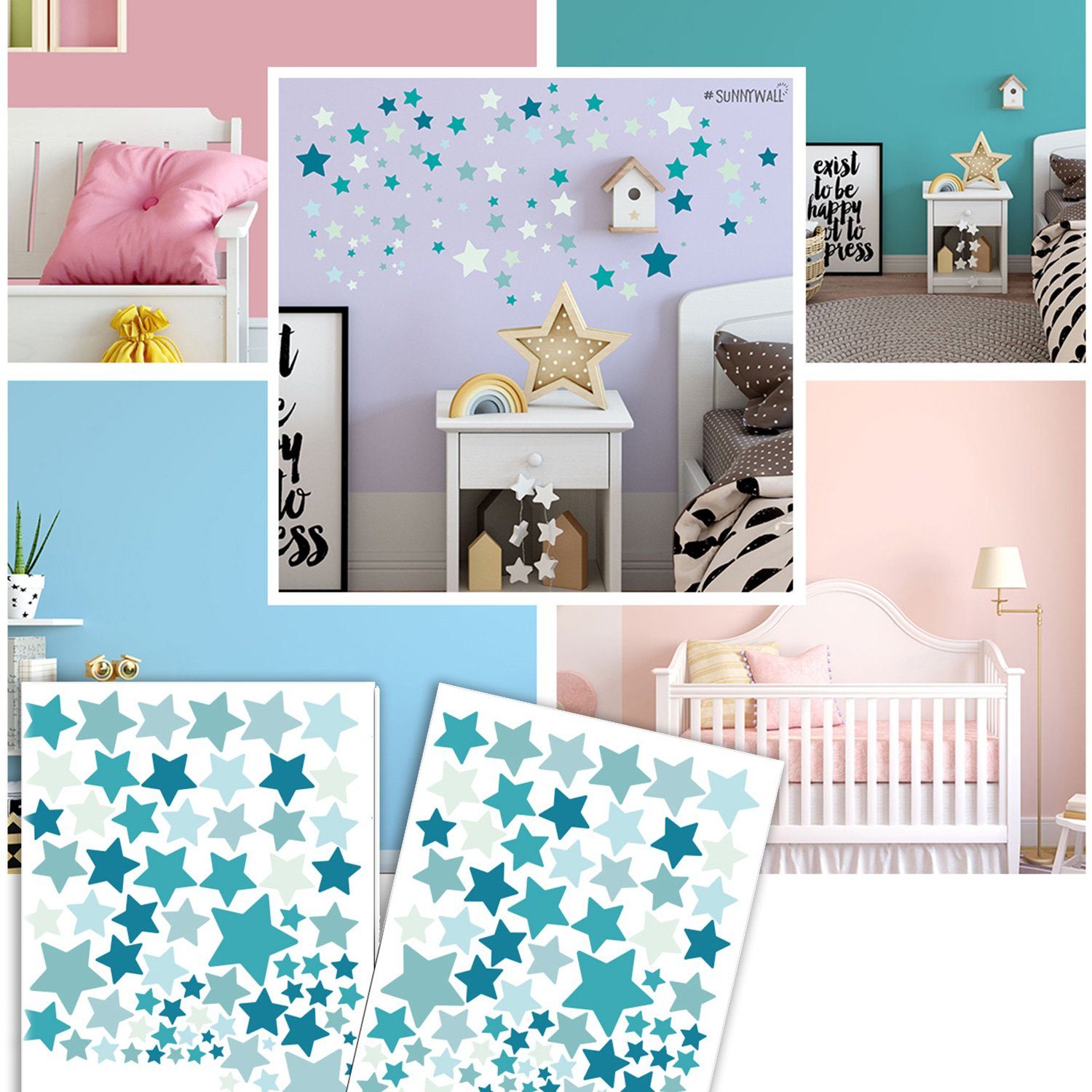 Sunnywall Wandtattoo Sterne Aufkleber Stars Wandsticker bunt, Sternenhimmel Wandtattoo, konturgeschnitten