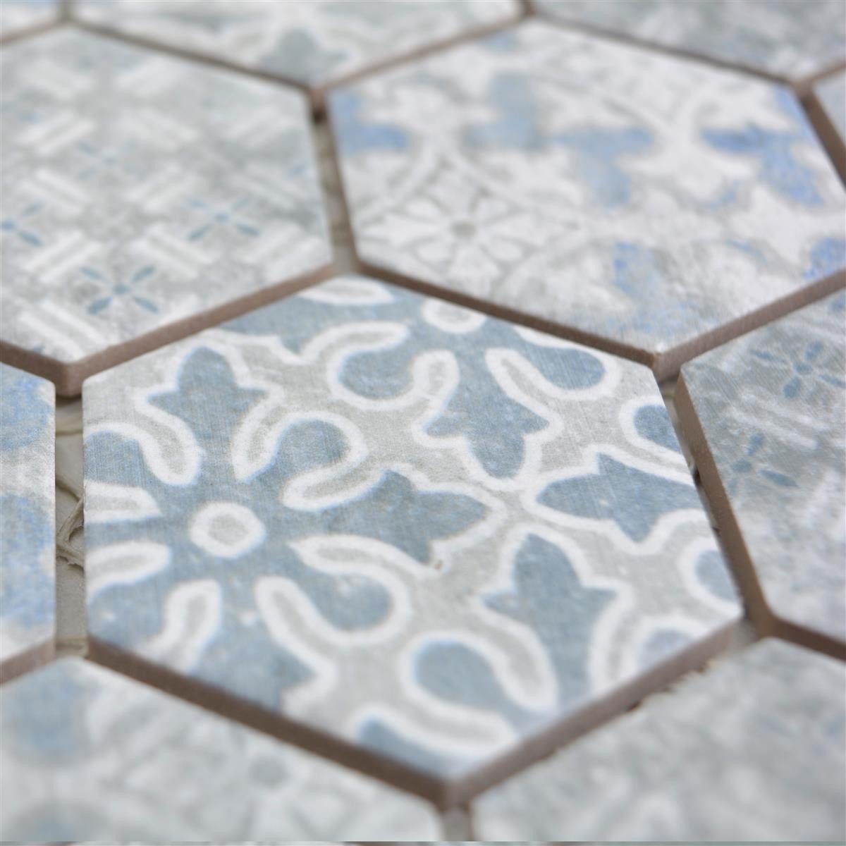 Mosafil Mosaikfliesen Keramikmosaik Retro Fliesen Lawinia Hexagon, Keramik 28.100x32.500, grau-blau, Verlegefertig auf ein Netz geklebt - Frostsicher - Wasserfest