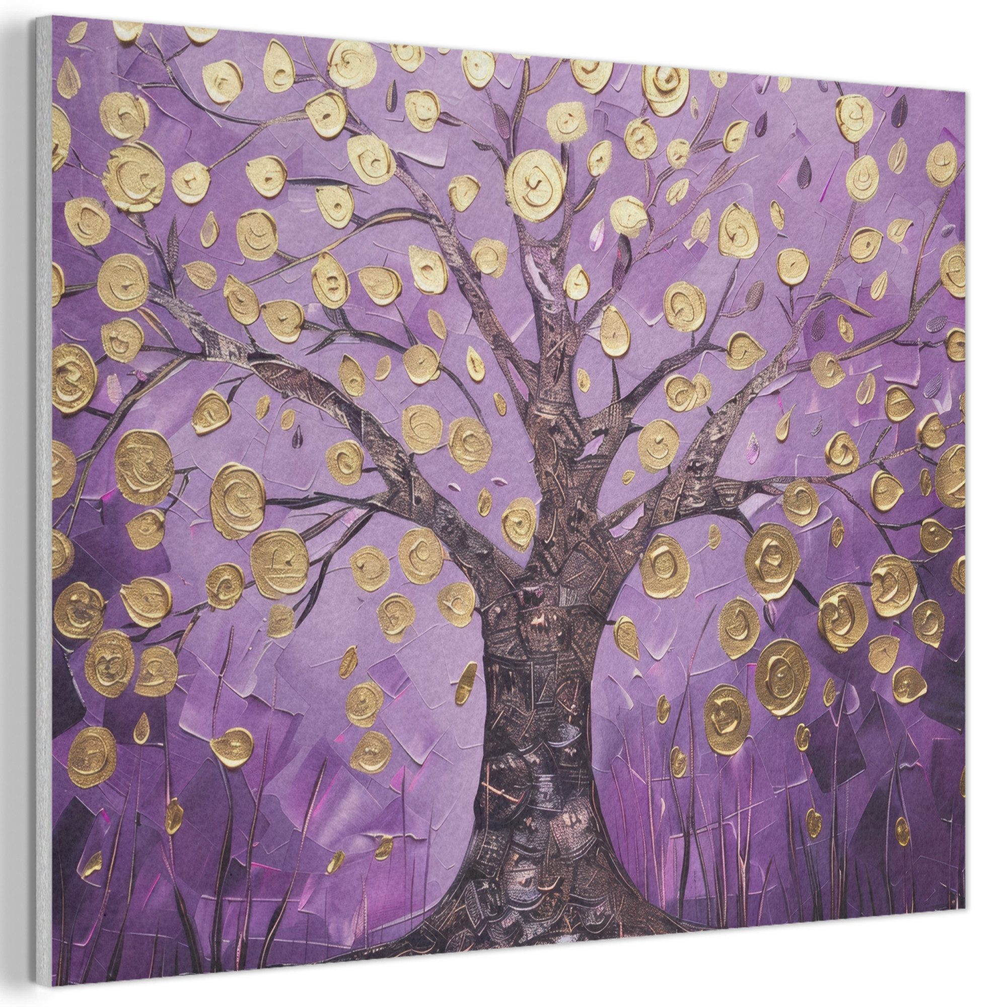 MuchoWow Gemälde Baum des Lebens - Lila - Gold - Modern, Fotodruck (1 St), Akustikpaneele PET-Filz, Akustikbild, Schalldämmung, Deko 40x30 cm