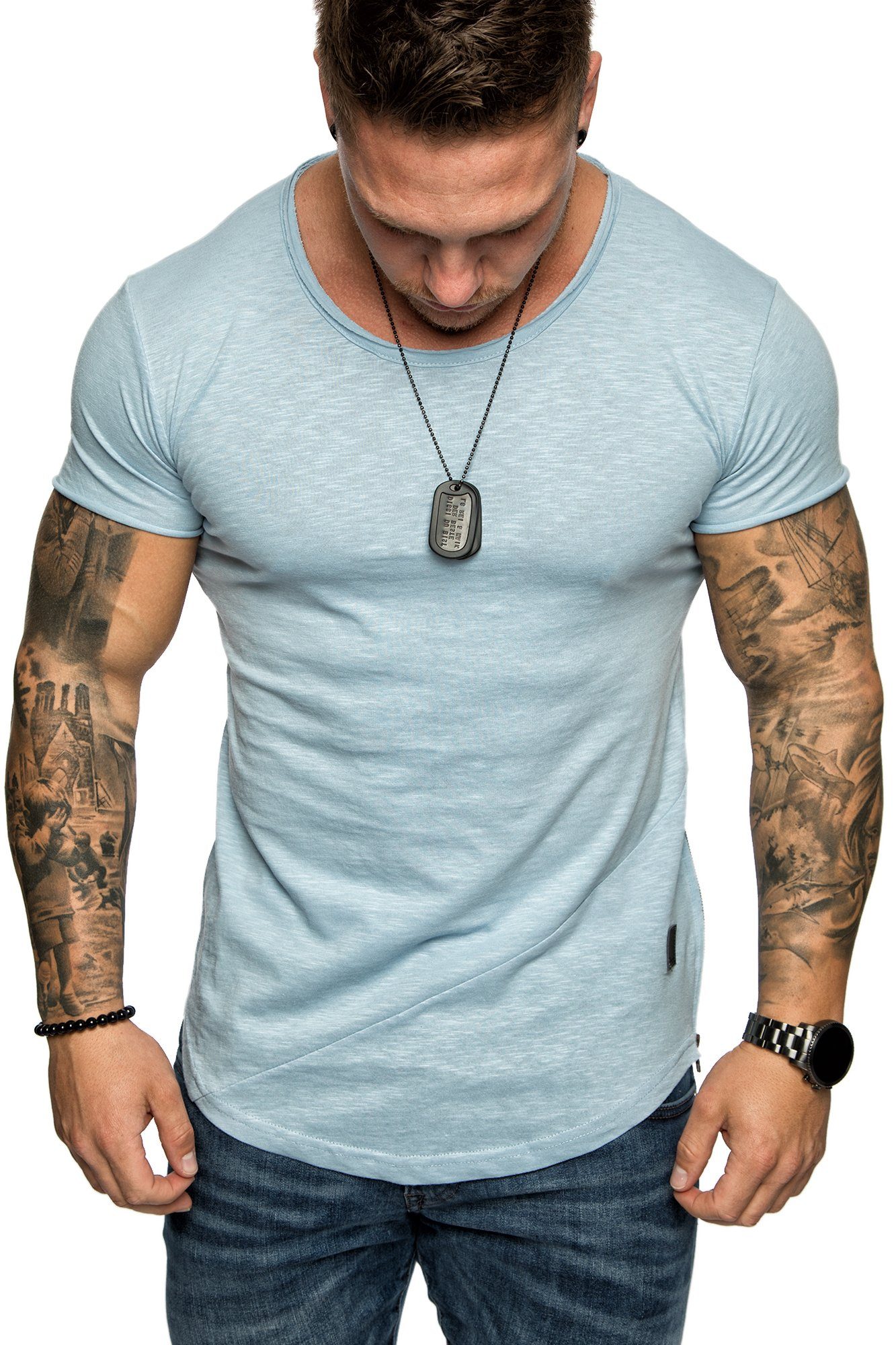 Amaci&Sons T-Shirt AUSTIN Herren Oversize Vintage Zipper Crew Neck Rundhals günstig online kaufen