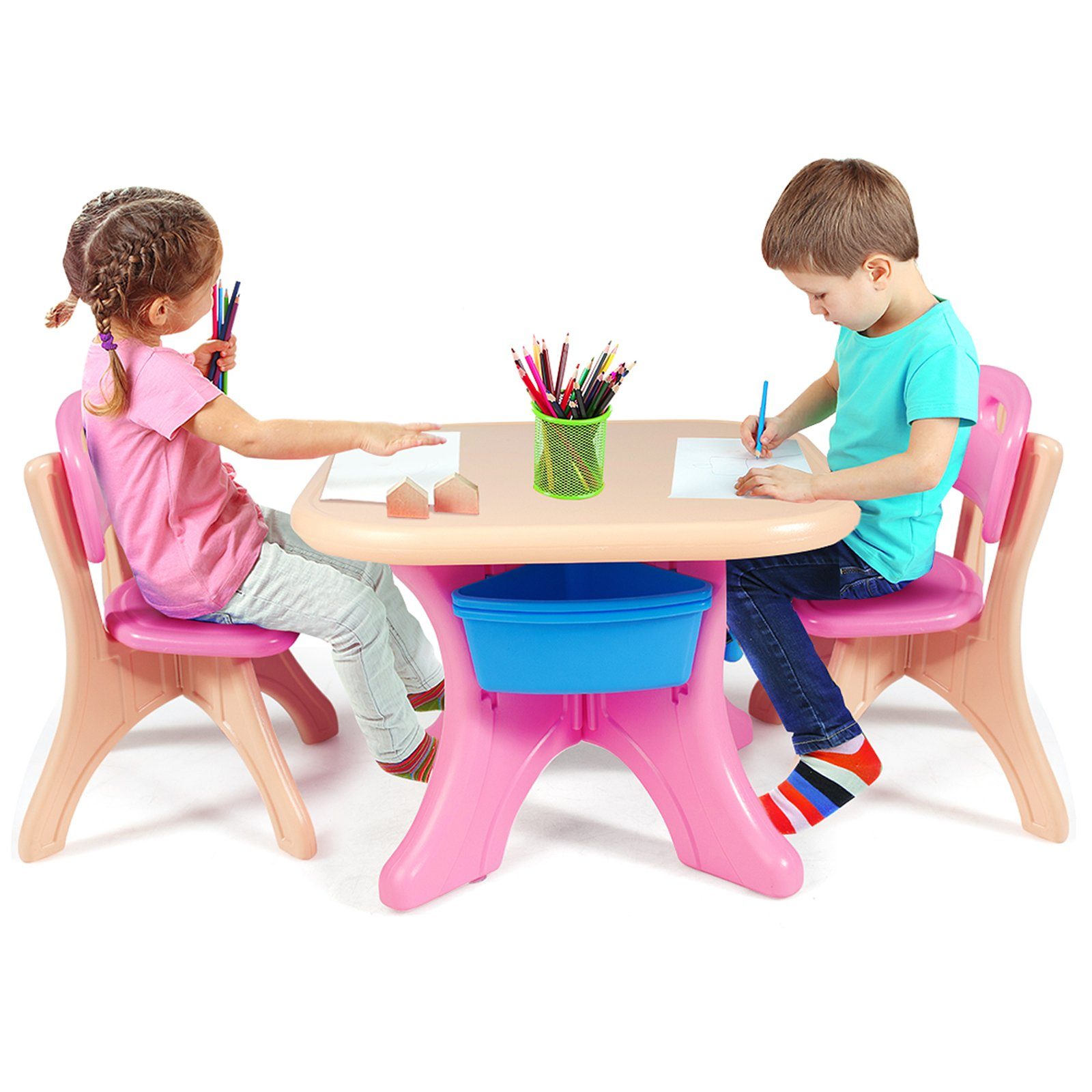 COSTWAY Kindersitzgruppe, mit 2 Stühlen&Kindertisch, mit Stauraum, Kunststoff Rosa