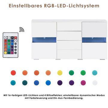 EXTSUD Sideboard Hochglanz Weiß Sideboard mit LED-Leuchten für Esszimmer Wohnzimmer, LED-Leuchten, Hochglanz-Finish, Glastüren, Schubladen