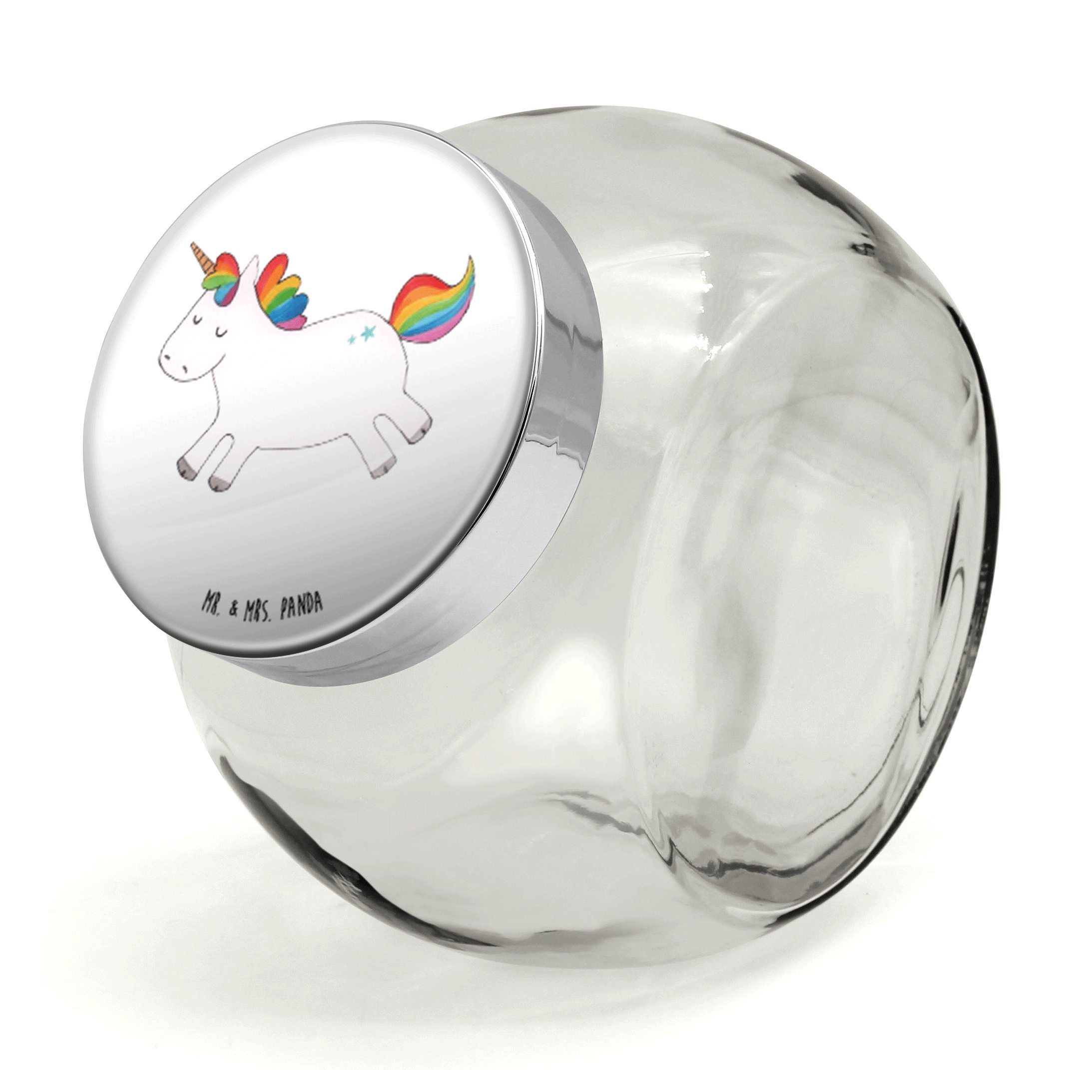 Mr. & Mrs. Panda Vorratsglas L 870ml Einhorn Happy - Weiß - Geschenk, Vorratsglas, Aufbewahungsgla, Premium Glas, (1-tlg), Vielseitig einsetzbar