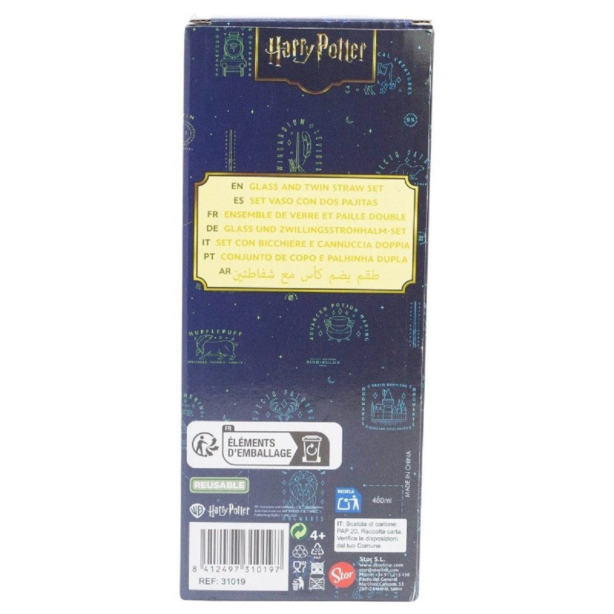 Harry Potter Glas 480 ml mit 2 Edelstahl Trinkhalmen, 3-tlg., Glas