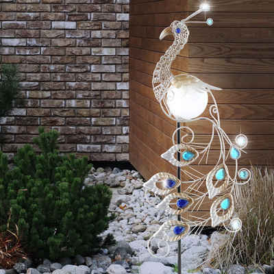 etc-shop LED Solarleuchte, LED-Leuchtmittel fest verbaut, LED Solar Leuchte Garten Figur Kristall Lampe Pfau Außen Beleuchtung