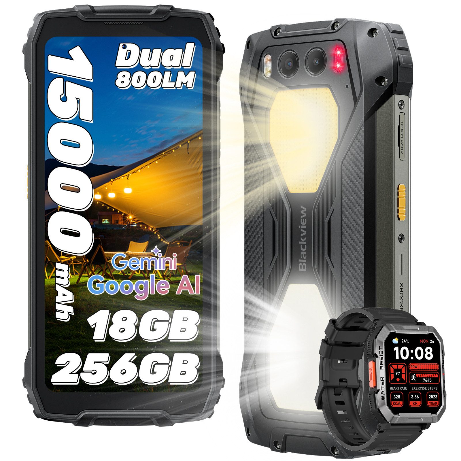 blackview BV7300 incl. W60 800LM Campinglicht Ohne Vertrag Handy (6.67 Zoll, 50 MP Kamera, 15000mAh, 45W, 50MP, 32MP, 20MP, 6,67", NFC)