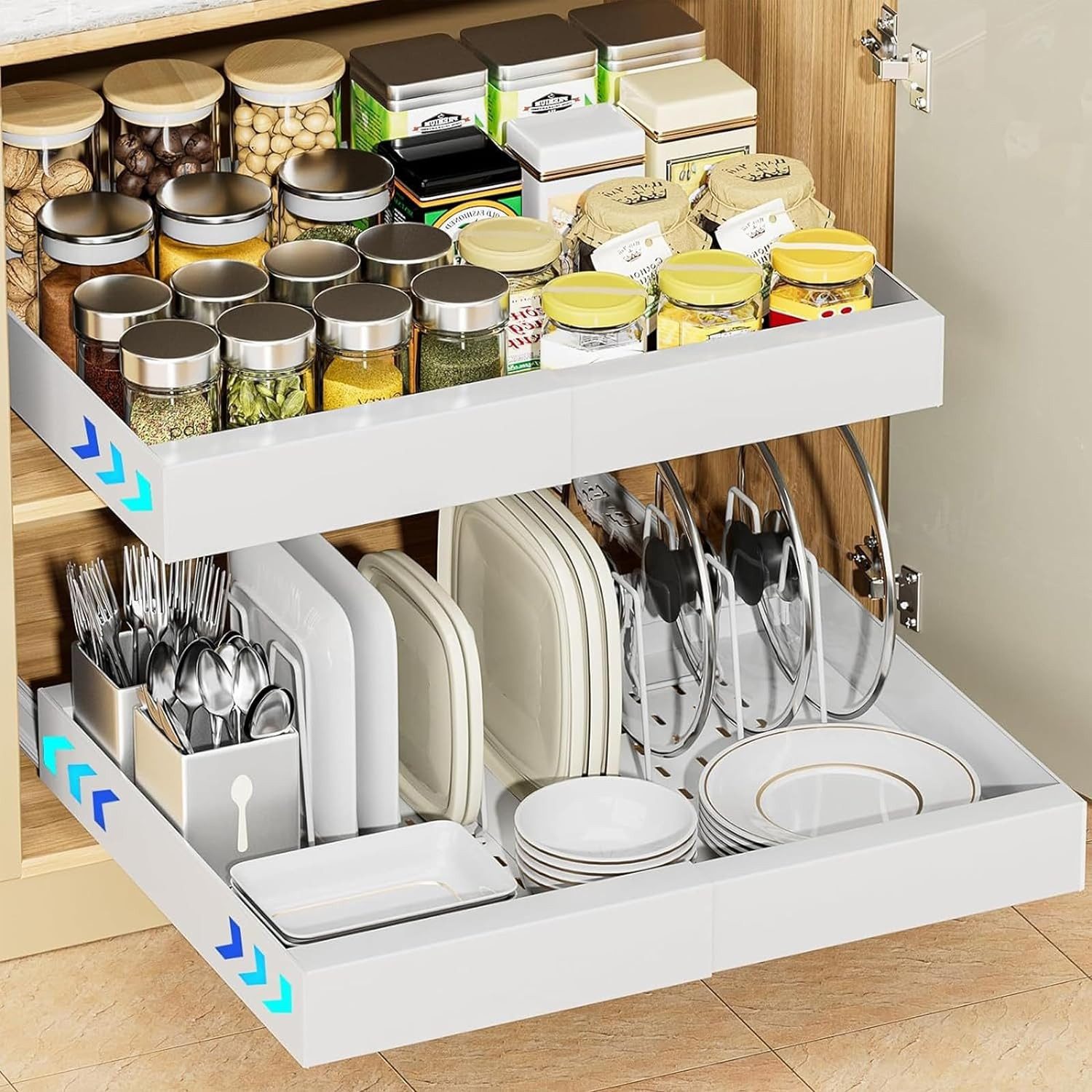 Diwzbyn Teleskopauszug Teleskopschublade, Küchenschrank Verstellbare Breite, Metall Schrank Organizer Ausziehbar Kein Bohren, 32-52x42x7.5cm