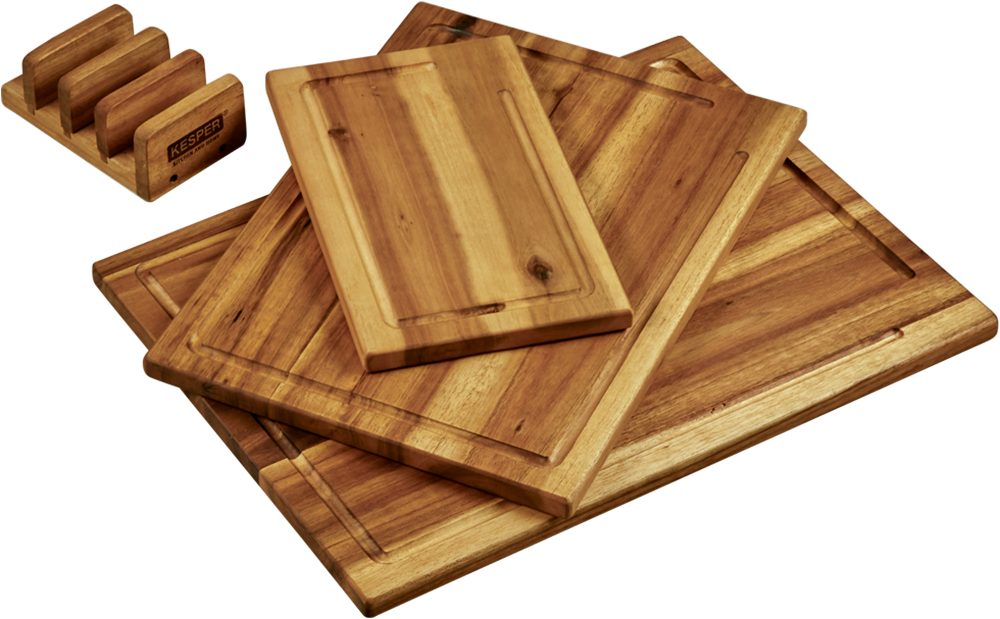 KESPER® Schneidebrett 3er Set Schneidebrett inkl. Ständer, Massivholz, (Set, 4-St), aus FSC-zertifiziertem Akazienholz