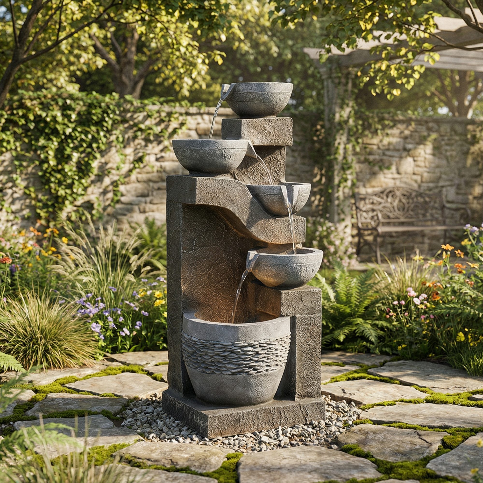 MODFU Gartenbrunnen aus Resin mit LED-Beleuchtung für Garten & Terrasse, 33,5 cm Breite, (Packung, 1 tlg., Zimmerbrunnen), Wasserpumpe, Kunststein-Verkleidung & Zierbecken