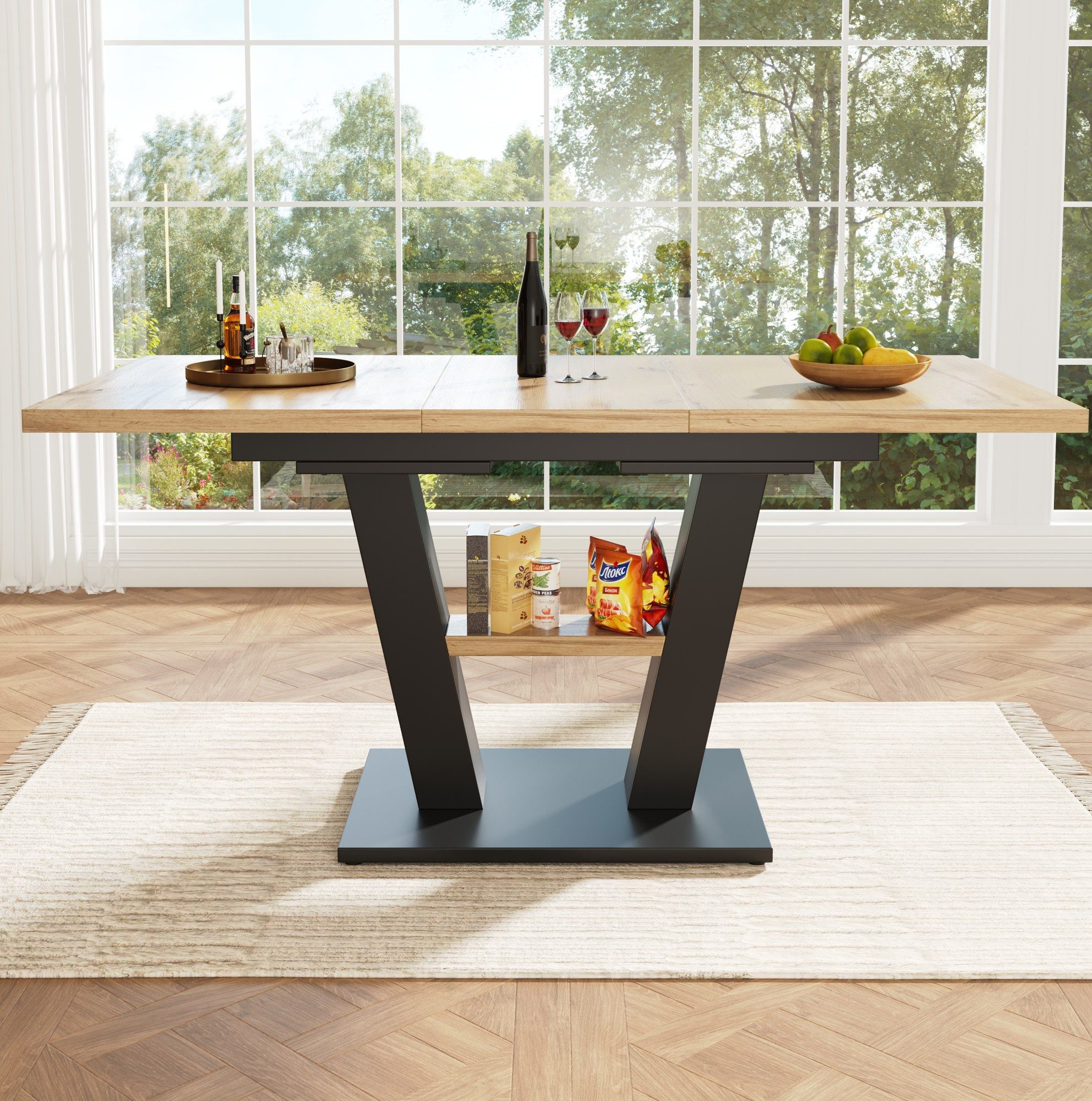 REDOM Esstisch 118-157x70x75 cm ausziehbar, Black+Natural (Ausziehbarer Esstisch mit Teleskopfunktion (118-157 cm), MDF Tischplatte in Holzoptik, stabiler Metallrahmen., 1-St)