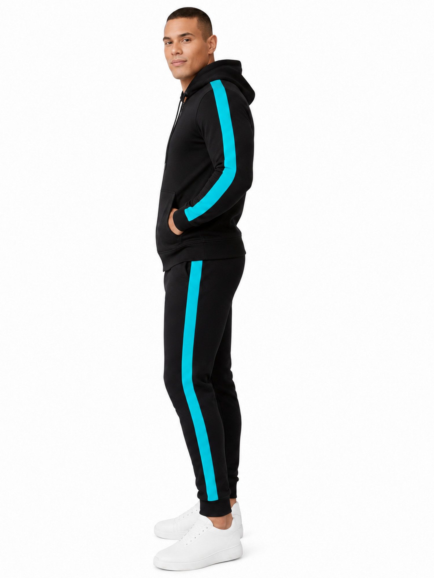 L.gonline Freizeitanzug Herren Jogginganzug zweifarbig sportlich mit Streifen, 526 (Kapuzenjacke mit Reißverschluss, Hose, 2-tlg), Fitness Freizeit Casual – Bild 4 von 5