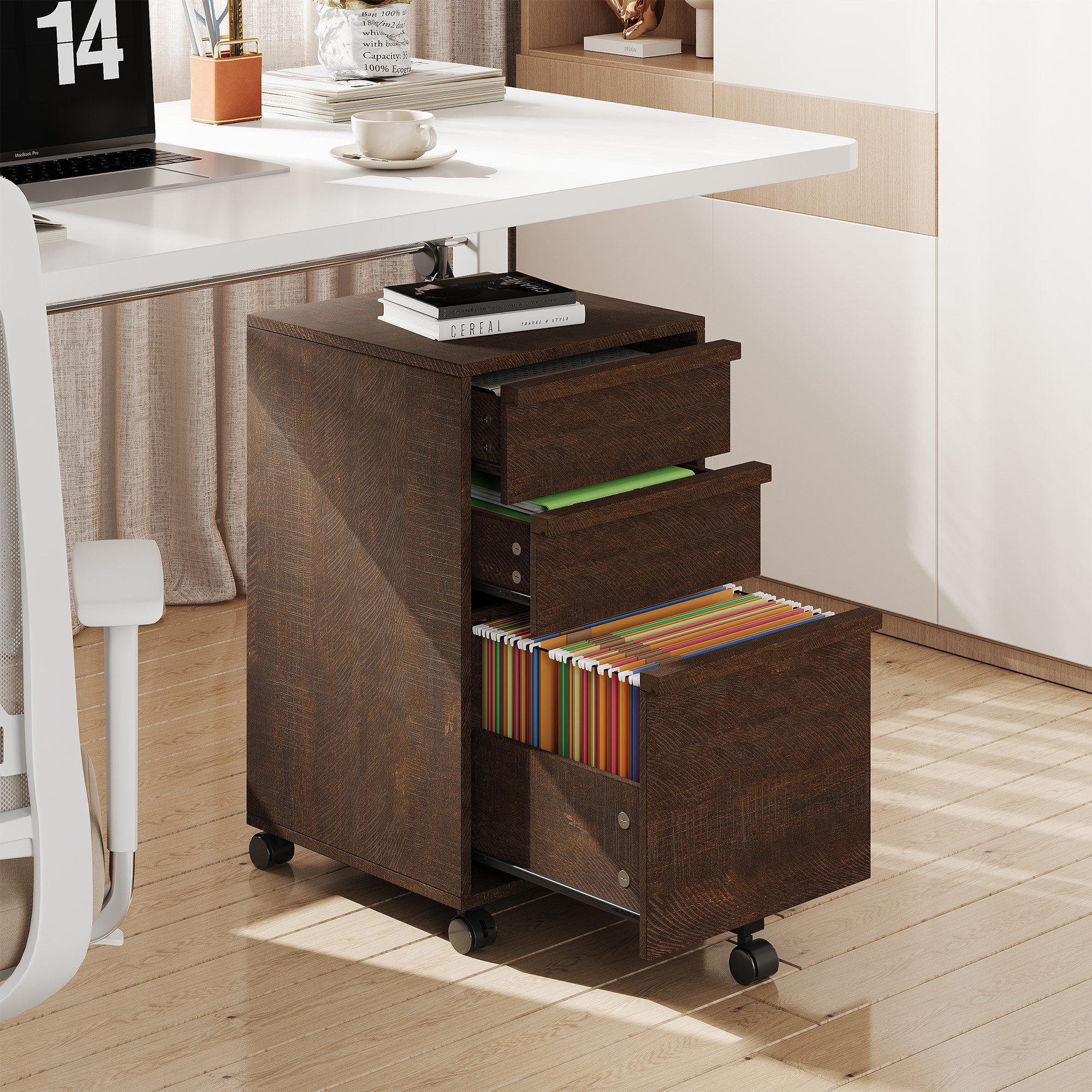 GarveeMore Aktenschrank Rollbarer Computerschrank mit 3 Schubladen Container Stauraumschrank (1-St) 67cm hoch Beistellschrank Druckerstand auf Rollen Mehrzwecks – Bild 4 von 5